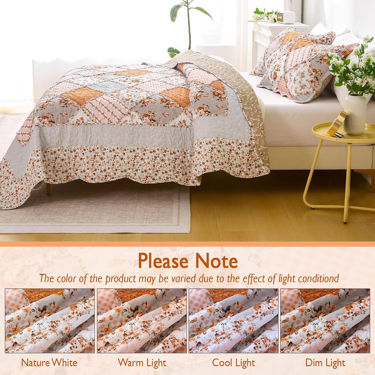 Patchwork Quilt Set Queen Size, 3 Pieces Floral Plaid Bedspreads Coverlet, Soft Microfiber Lightweight Bedding Set for All Season,Orange - Image 7