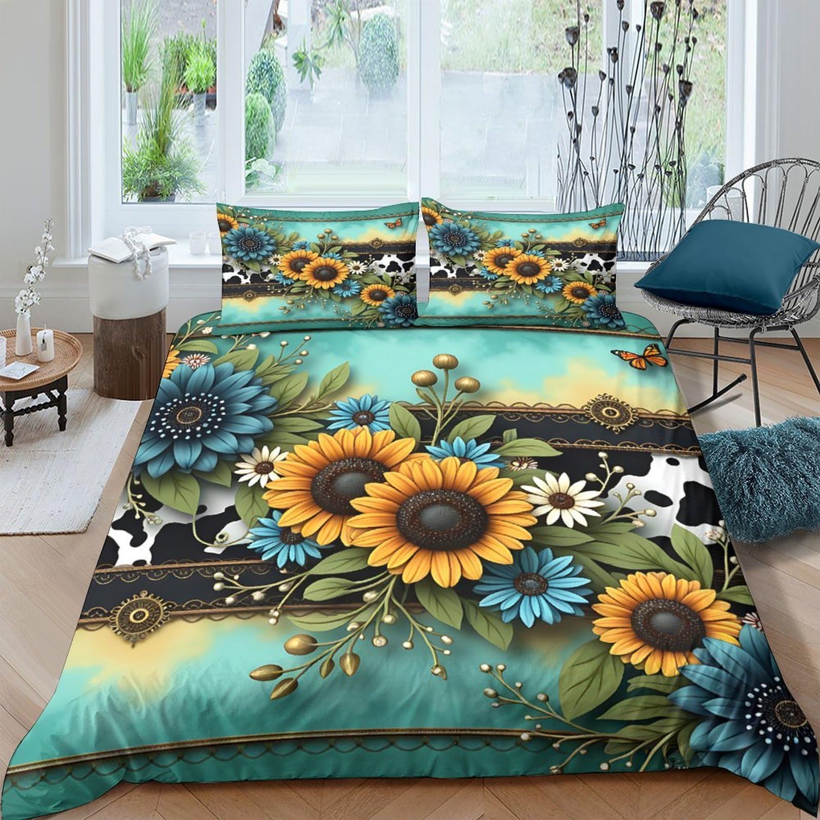 Ctjqhvkz Style-5 3D Printed Sunflower Floral Fitted Sheet Microfiber Soft Breathable Cow Pattern Bed Cover For Bedroom Guestroom Single（135X200cm）
