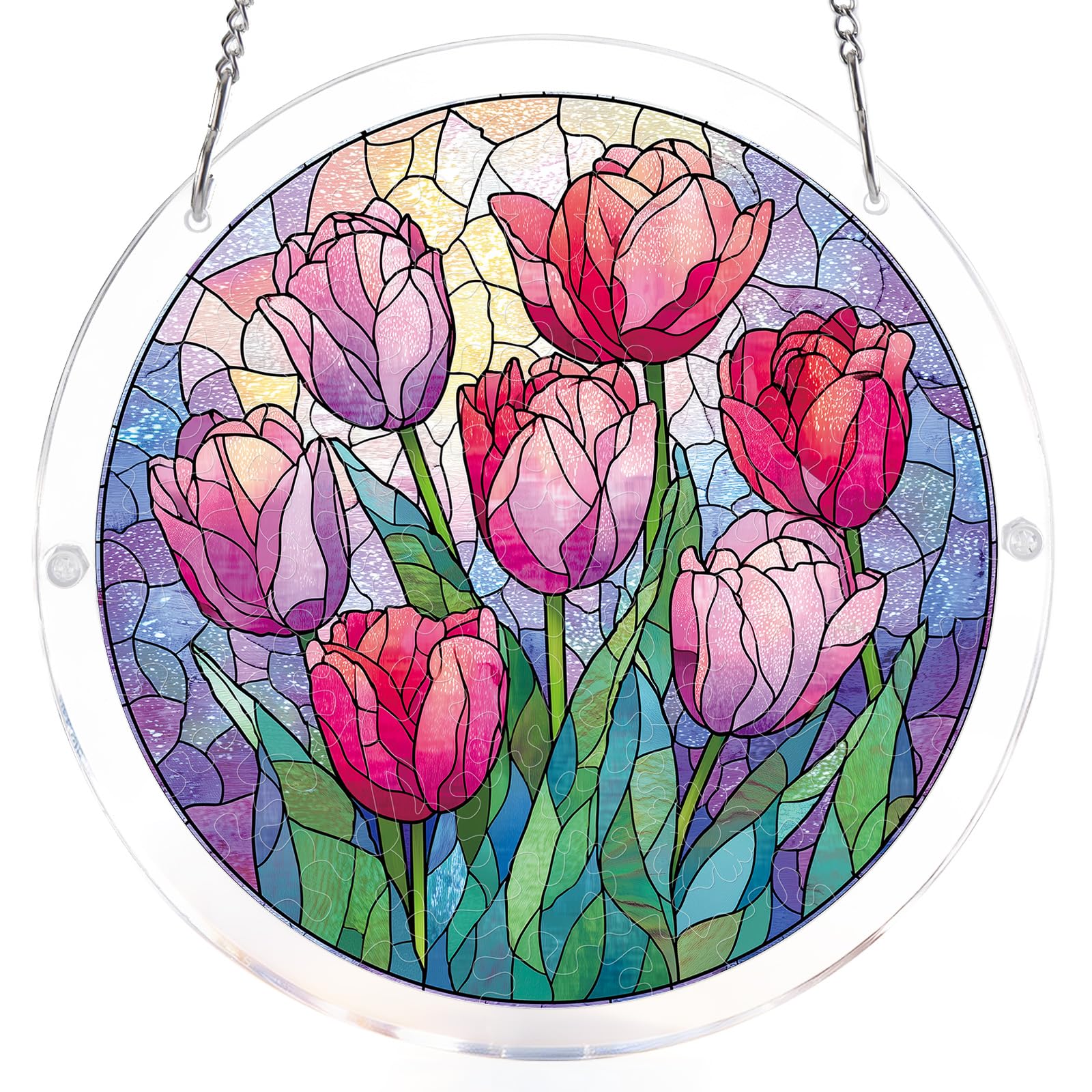 Blumuze Acrylic Puzzle for Adult Window Hanging,Acrylic Suncatcher Wall Hanging,Sun Catcher Stained Glass Acrylic Puzzle Decoration Birthday Gift for Women Men (Morning Glow Tulips, 7.4 in)