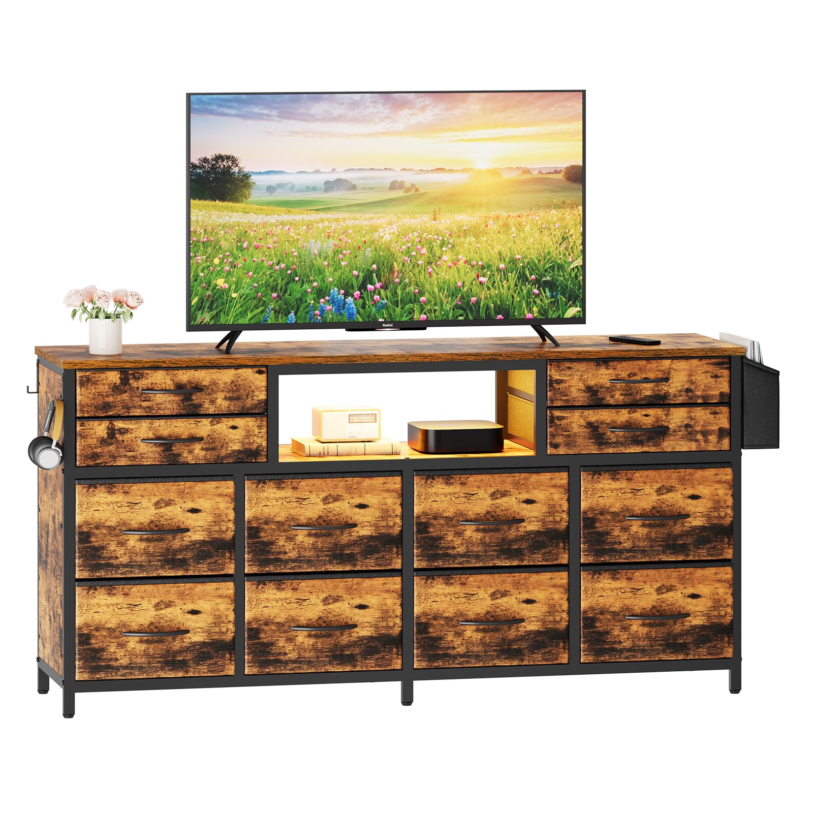 scaffale tv con cassetti e luci led in stile industriale