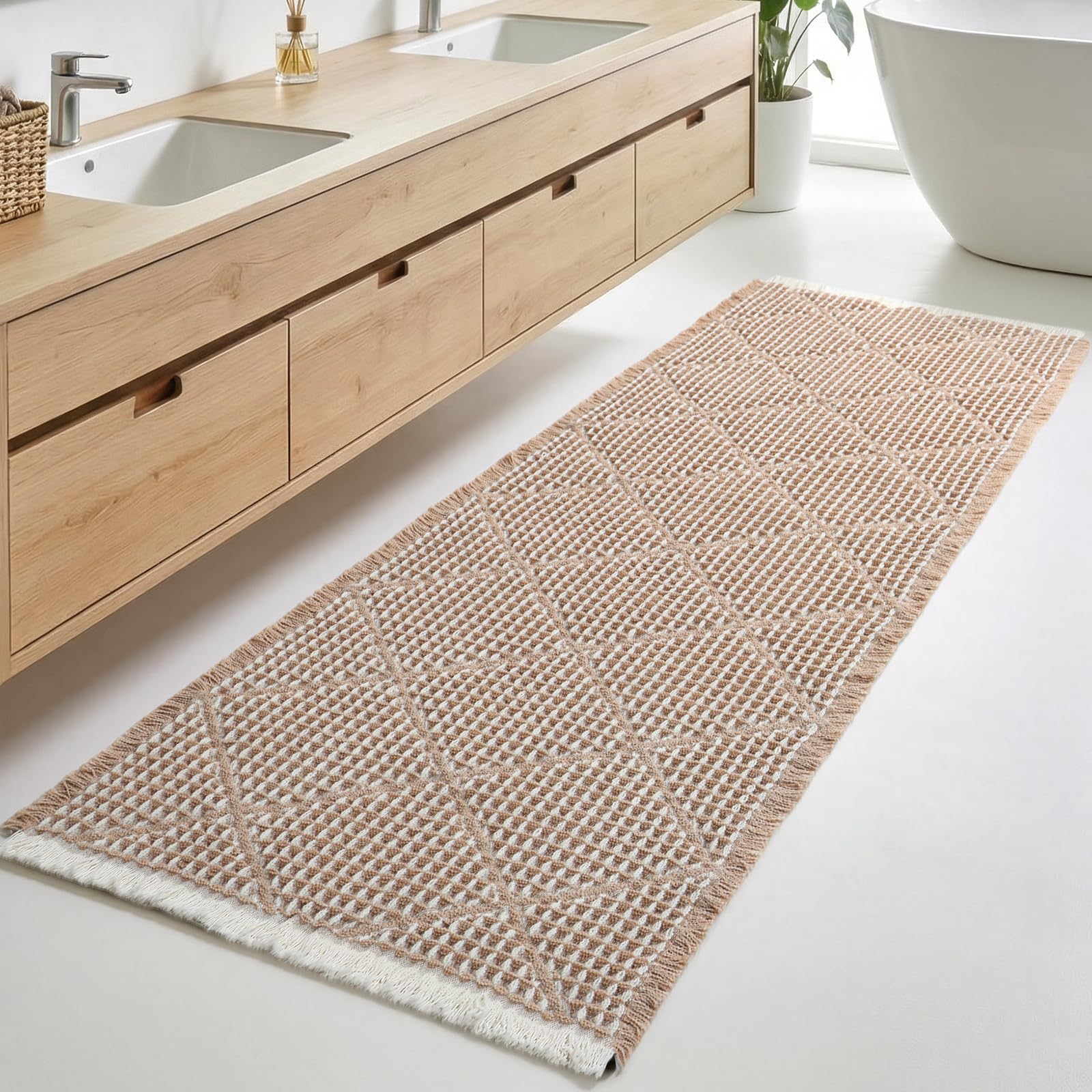 Large Bathroom Rugs 2' x 6', Long Runner Rug Waffle Bath Mat for Kitchen Rugs, Absorbent and Washable Bathroom Mat for Laundry Room, Soft Boho Runner