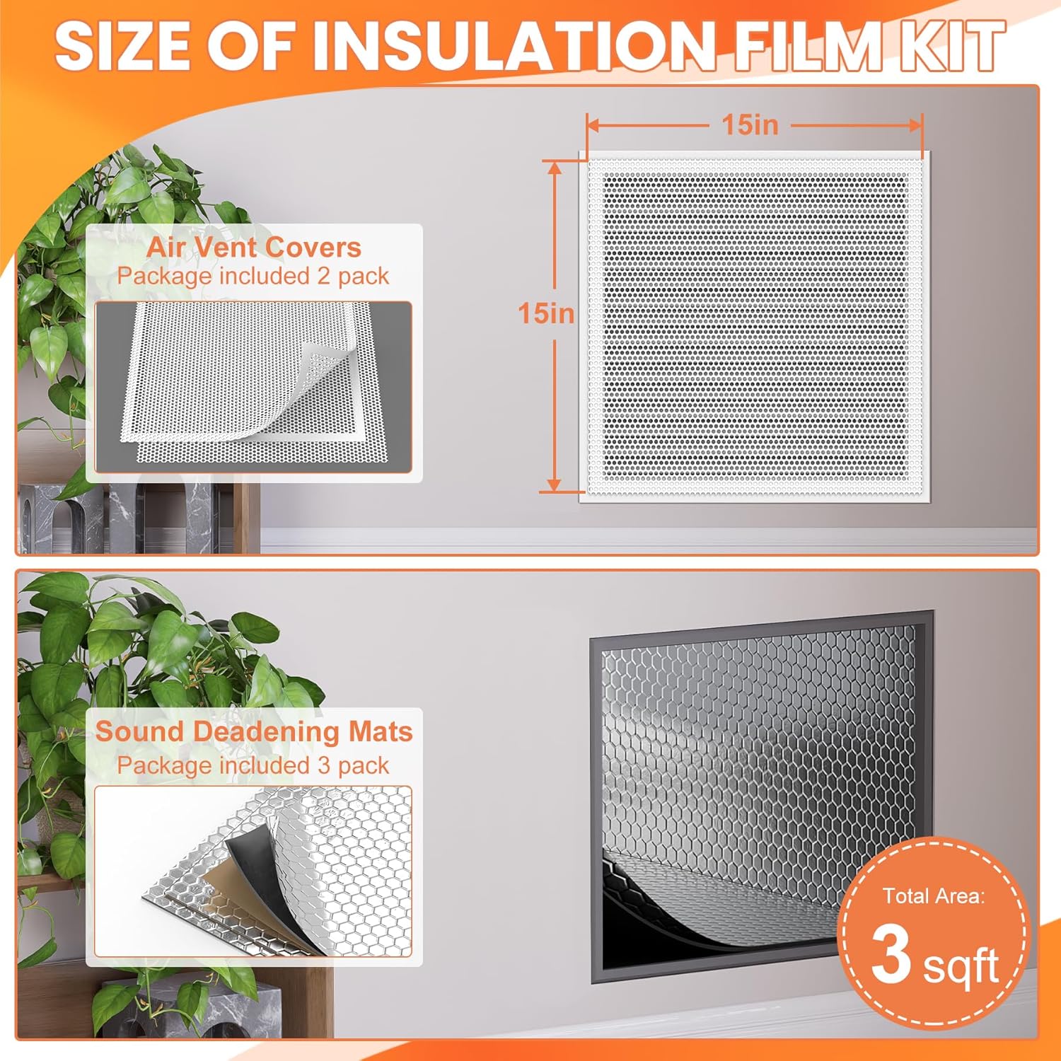 GCGOODS Sound Deadening Mat & Air Vent Mesh Cover, Sound Proofing Kit for Air Vents & Ducts, Comes with 3 Pcs Noise Insulation and Vibration Damping Mat, 2 Pcs Sound Proof Vent Cover 15"× 15", White