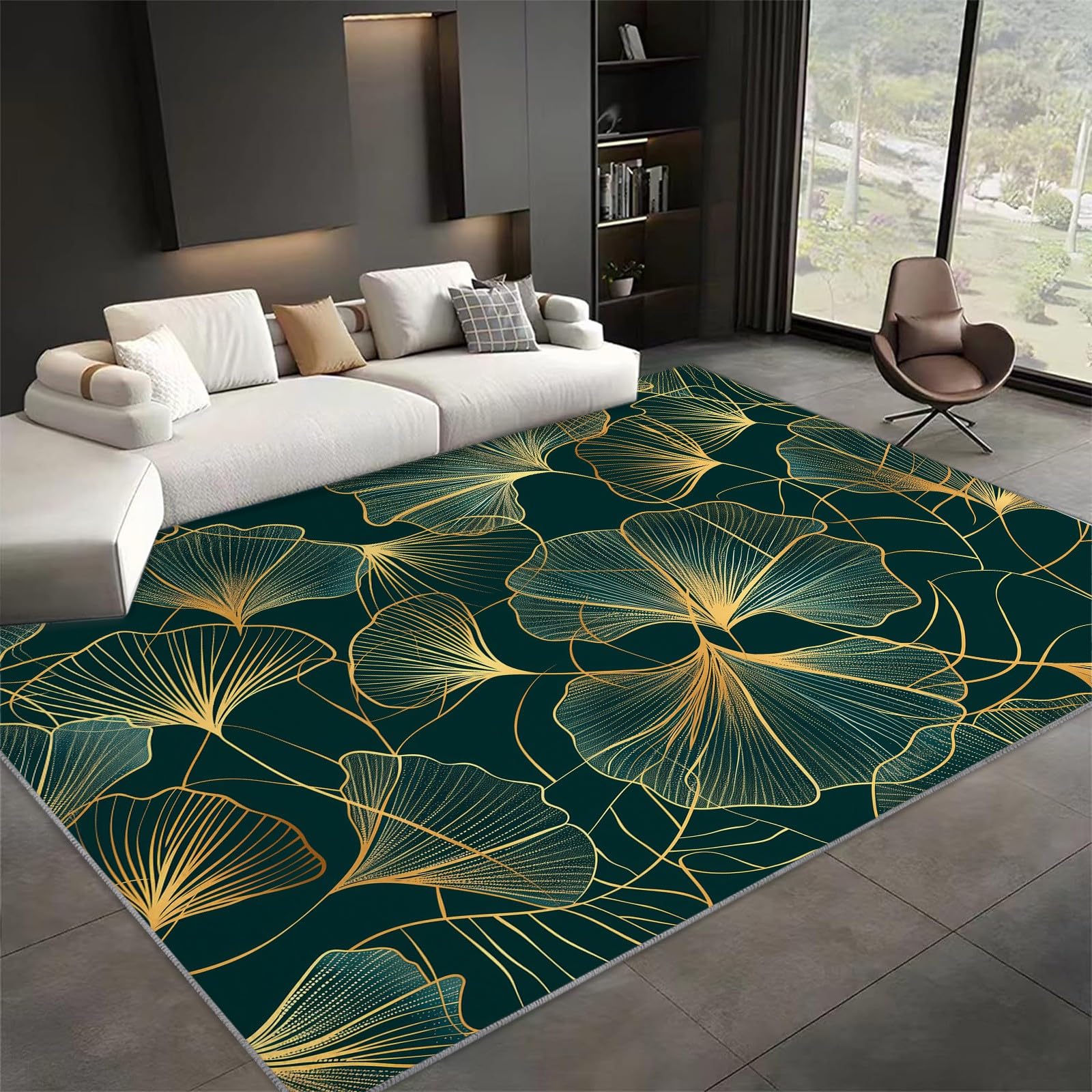 Tapis de Salon Lavable 180 x 240 cm Feuille de Ginkgo Botanique Abstraite, Tapis Antidérapant à Poils Ras Vert Foncé - Moquette Décoration de Sol Douce et Pliable pour Chambre Bureau Chambre d'enfant