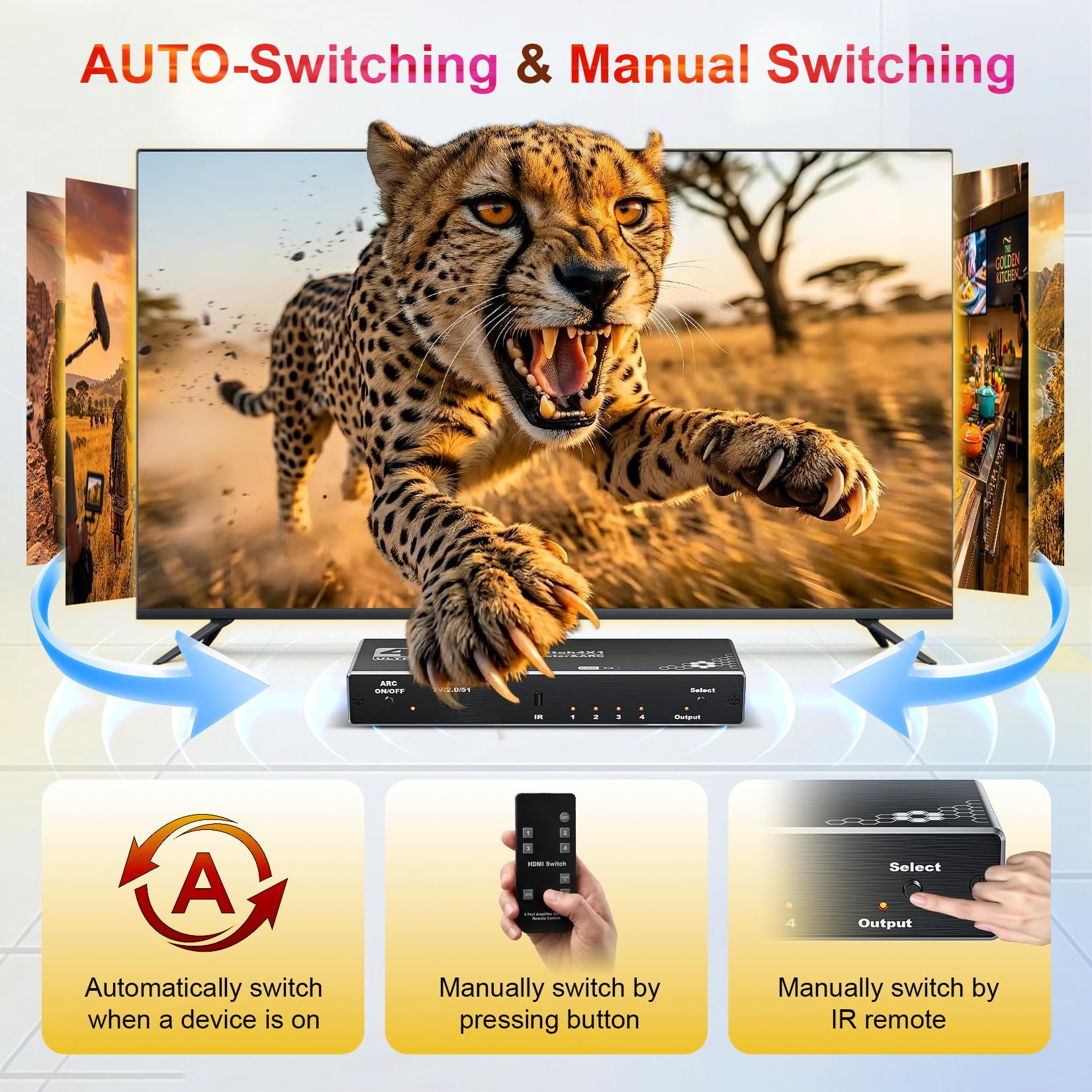 4 porte 4K HDMI Switch Audio Extractor con Toslink ottico SPDIF/coassiale / 3.5mm L/R Audio Out, 4 in 1 Out HDMI 2.0b Switcher con telecomando Supporto ARC, HDR, HDCP 2.2, 18Gbps, 3D