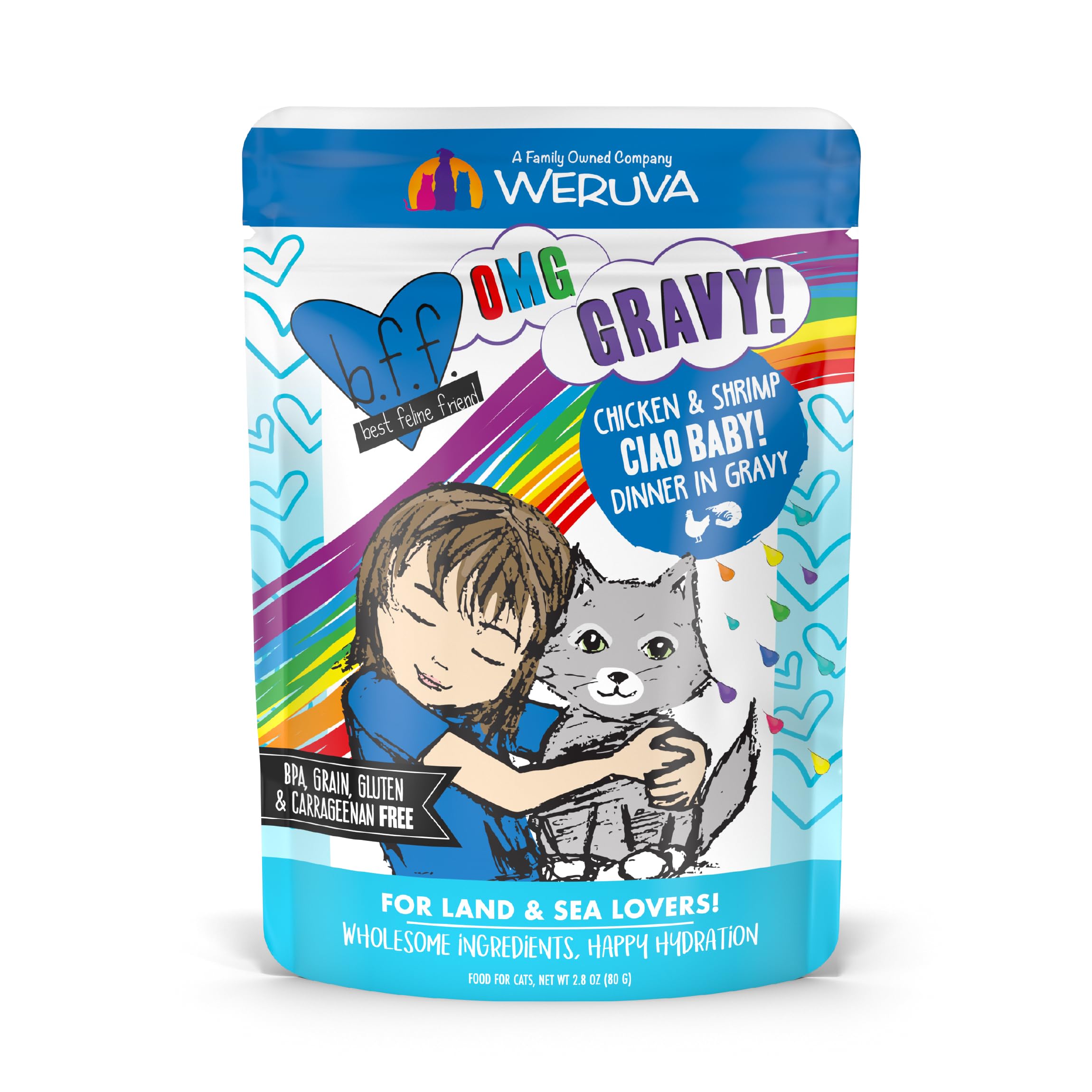 Weruva B.F.F. OMG - Best Feline Friend Oh My Gravy!, Ciao Baby! with Chicken & Shrimp in Gravy Cat Food, 2.8oz Pouch (Pack of 12)
