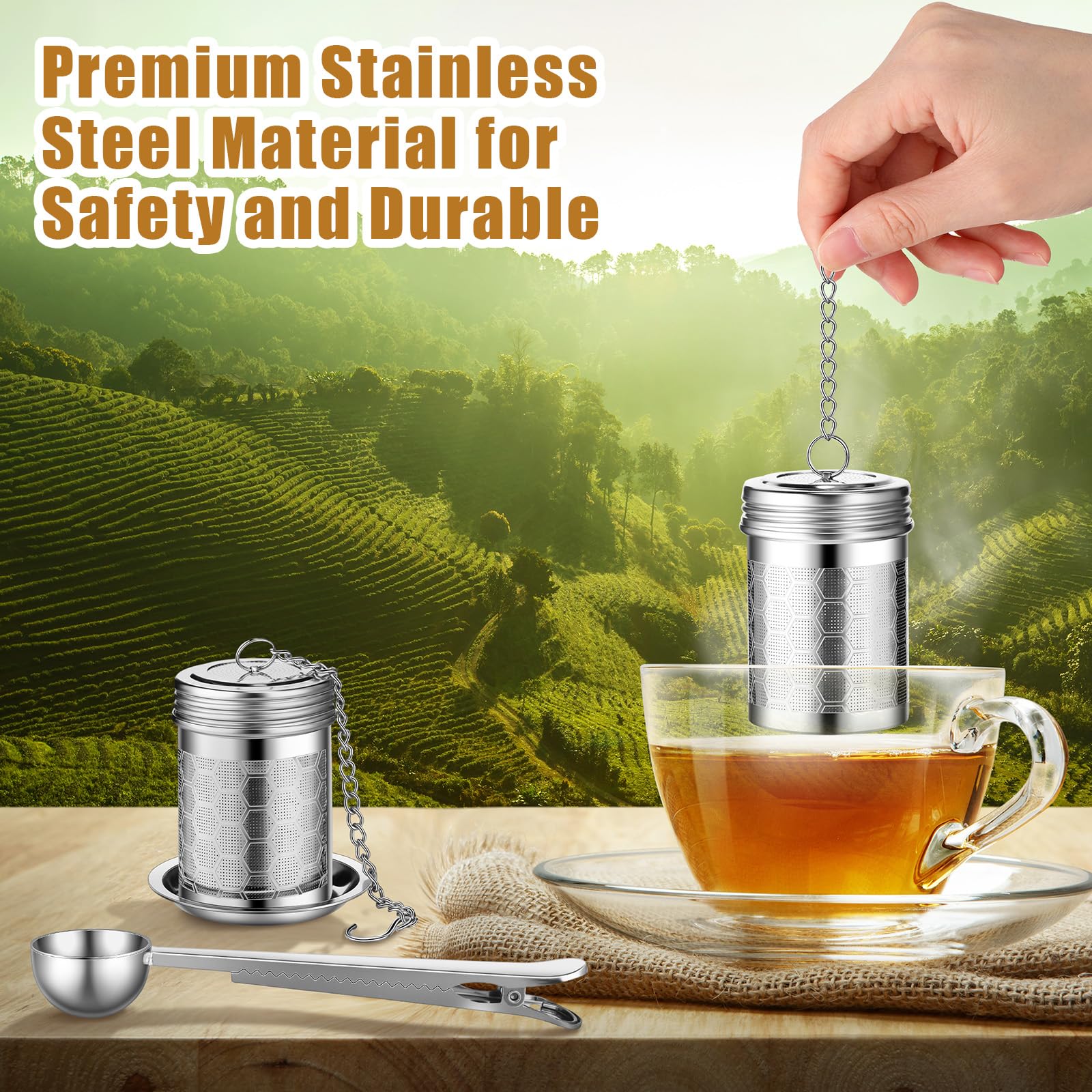 Umigy 4 Stück Tee-Ei Tee-Sieb für losen Tee mit Schaufel, extra feines Netz-Tee-Steeper 304 Edelstahl-Tee-Diffusor, Teeblatt-Halter mit verlängertem Kettenhaken für Tee, Gewürze, Gewürze