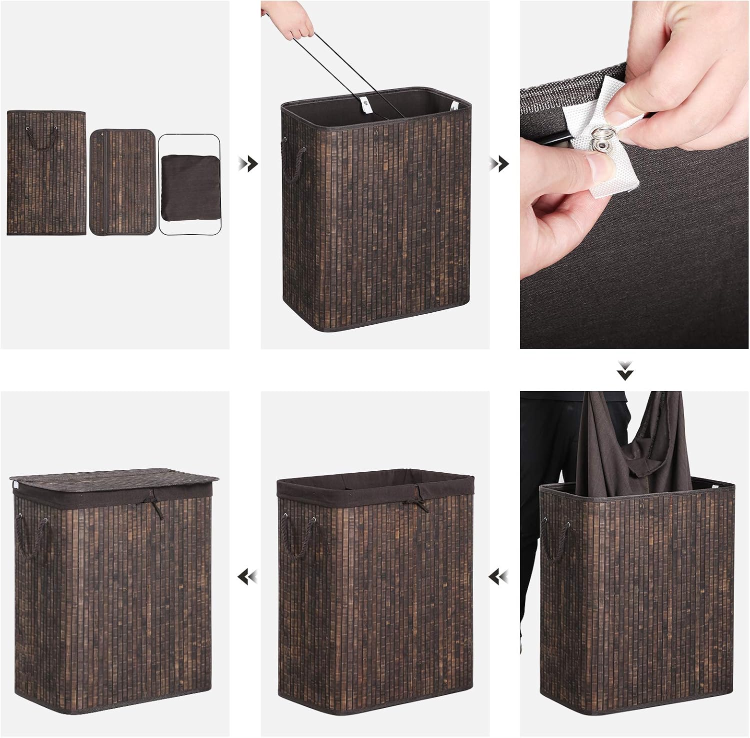 SONGMICS Double Laundry Hamper with Lid, Divided Bamboo Laundry Basket with Removable Liner, Two-Section Collapsible Hamper Sorter with Handles, 100L, Rustic Brown ULCB64WN