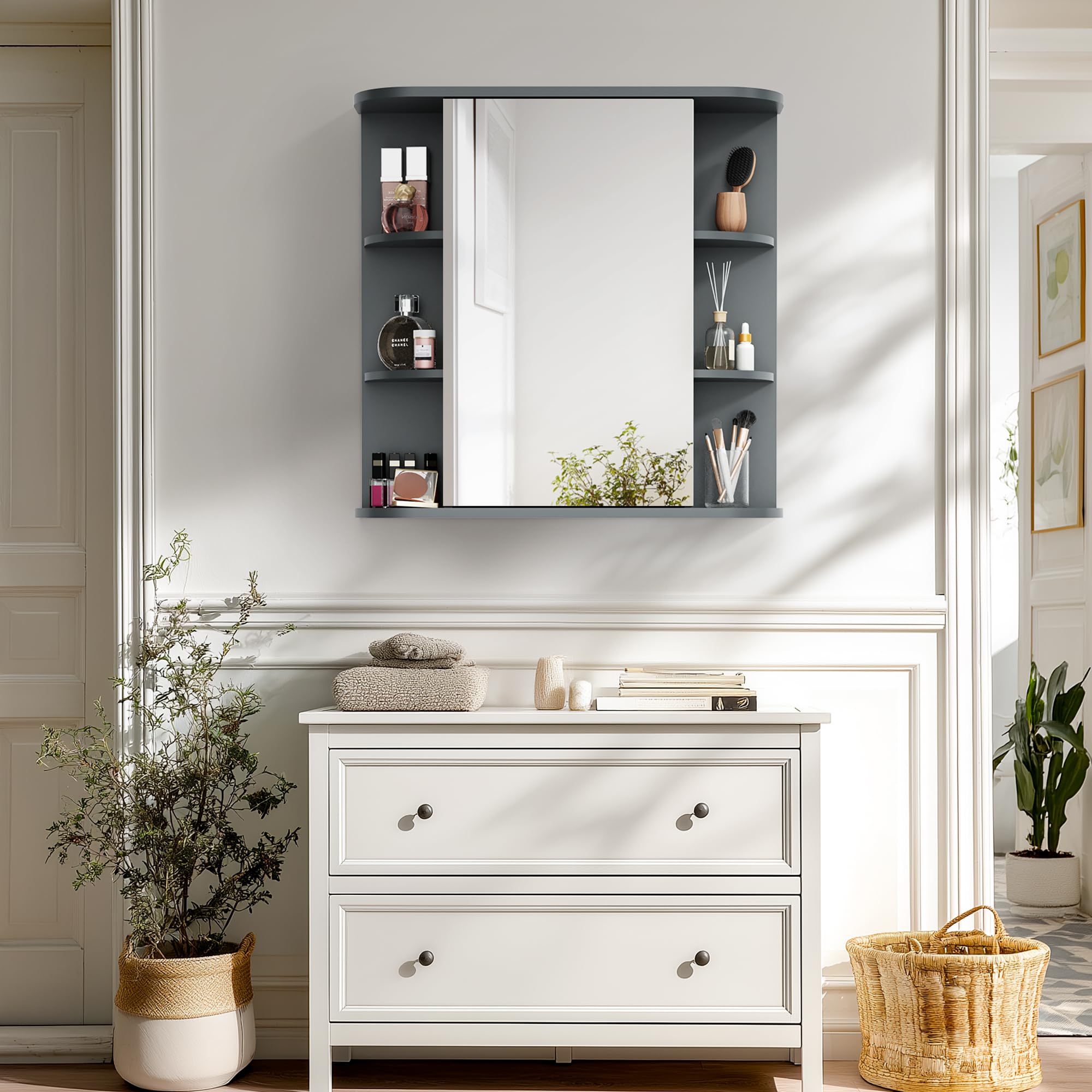 Pamapic Spiegelschränke fürs Bad, Badezimmerschrank mit Spiegel, Hängeschrank Badezimmer mit verstellbaren Ablagen, Schrank mit Badezimmerspiegel, Wandschrank,67,5 x 60 cm, Grau