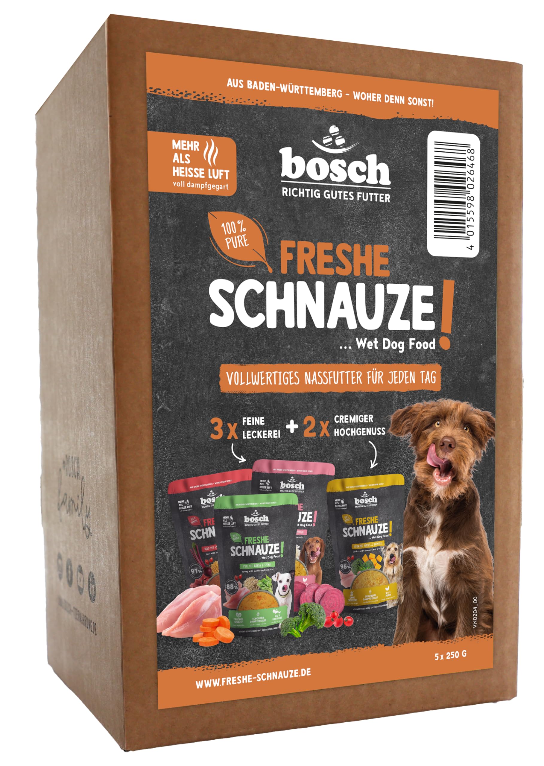 Bosch Freshe kaganiec, pakiet promocyjny mokra karma 5 x 250 g, delikatna gotowana na parze, pełnoporcjowa karma dla psów, smaki: wołowina, kurczak i indyk, pakiet próbny, mokra karma dla psów