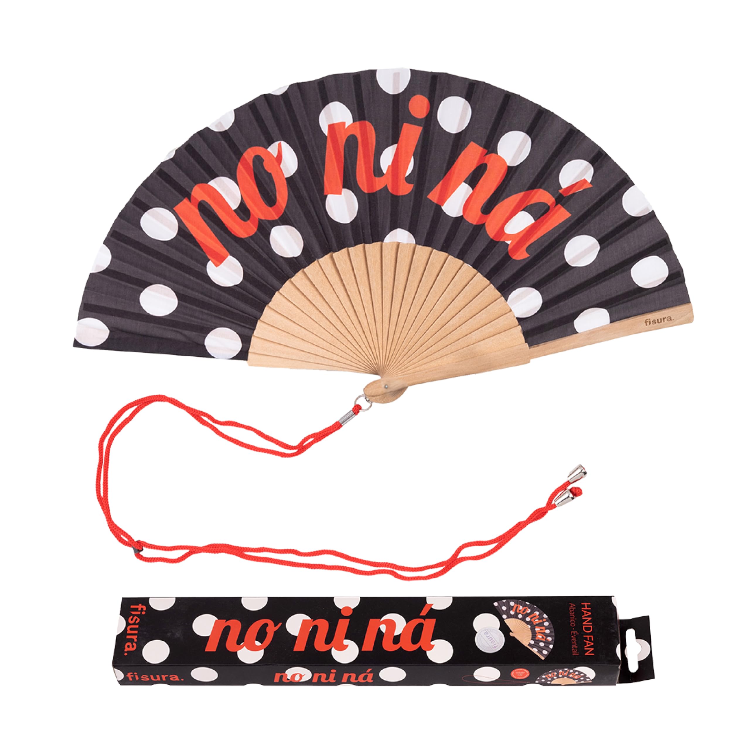 FISURA – Original Folding Handheld Fan with Fun Message "no ni na", Wooden Folding Fan for women, Polka Dots Design with Hanger for Wedding, rave, festival - Size: 42.5 x 23 cm