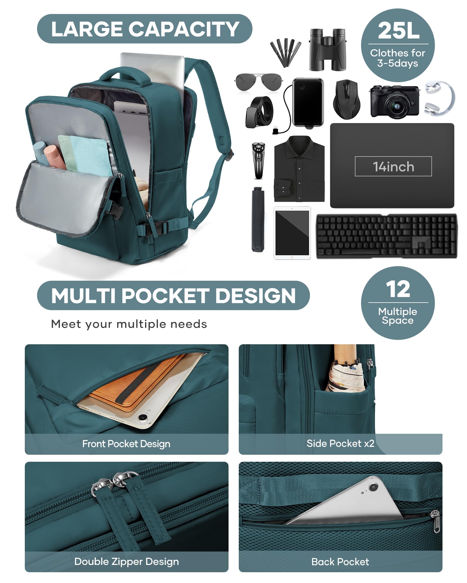 Borse da Cabina per Ryanair 40x20x25 Bagaglio a Mano Zaino Borsa Zaino da Viaggio, Zaino da trekking,da uomo, zaino casual per laptop da 14 pollici per scuola con porta di USB