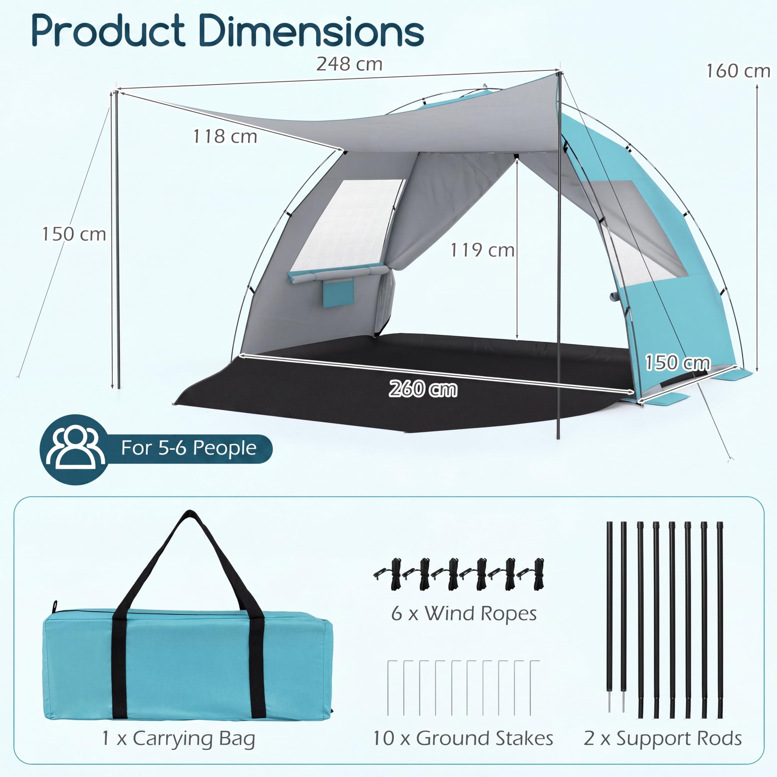 HOMASIS Tenda da Spiaggia per 5-6 Persone, Tenda da Mare Spiaggia Portatile con 2 Porte, 2 Finestre, 10 Picchetti, 6 Corde Antivento, 4 Sacchetti di Sabbia e Borsa