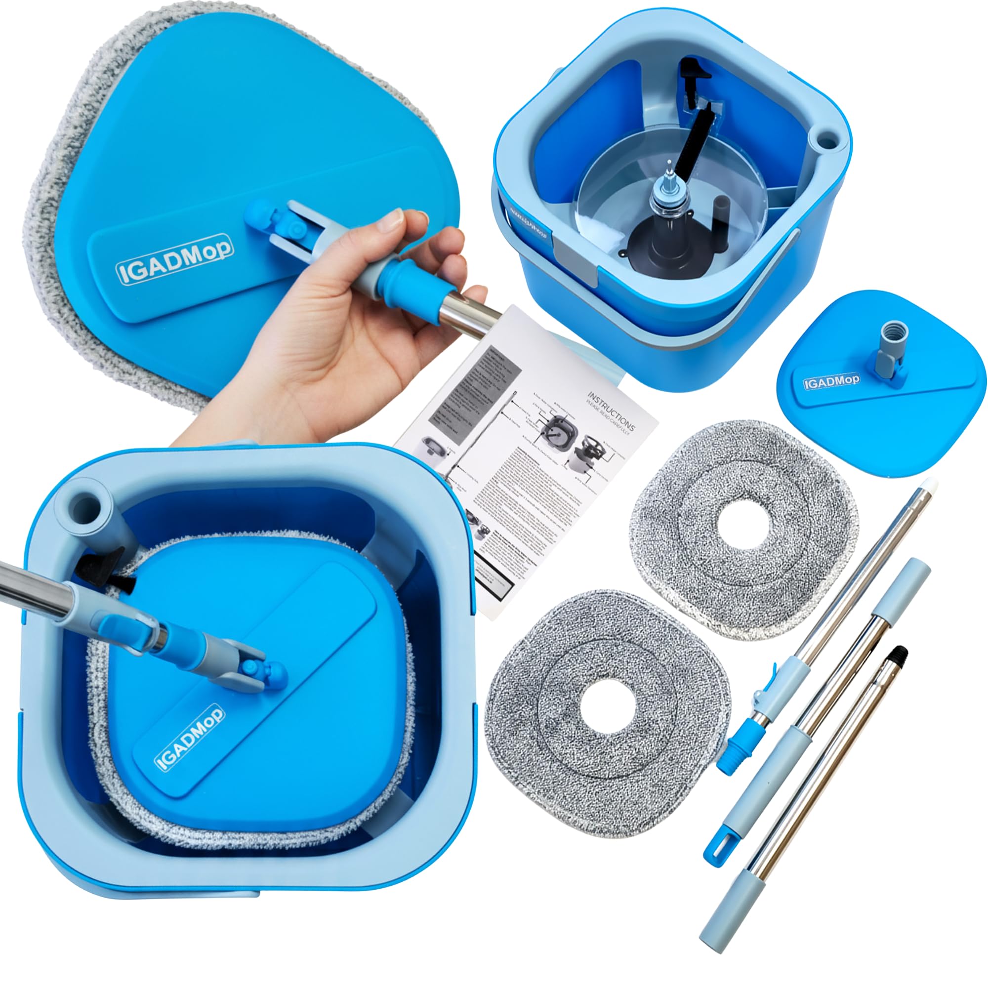 IGAD Mop Professional Kit with Bucket, 2 Chamber System for Separating Dirty and Clean Water, 130 cm Telescopic Handle, 2 Microfibre Mop Pads, Floor Mop Efficient for All Surfaces