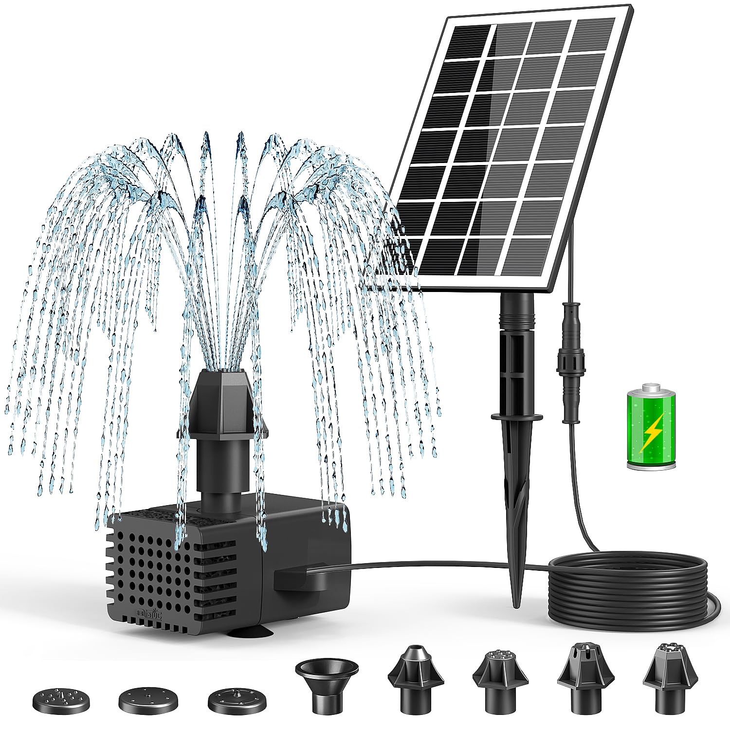 SZMP Solar Fountain Kit Works in Cloudy High Efficiency Glass Panel, 3.5W Solar Water Pump with 2000mAh Battery, 16.4ft Power Cord & 7 Nozzles, Solar Bird Bath Fountain for Outdoor Garden Décor
