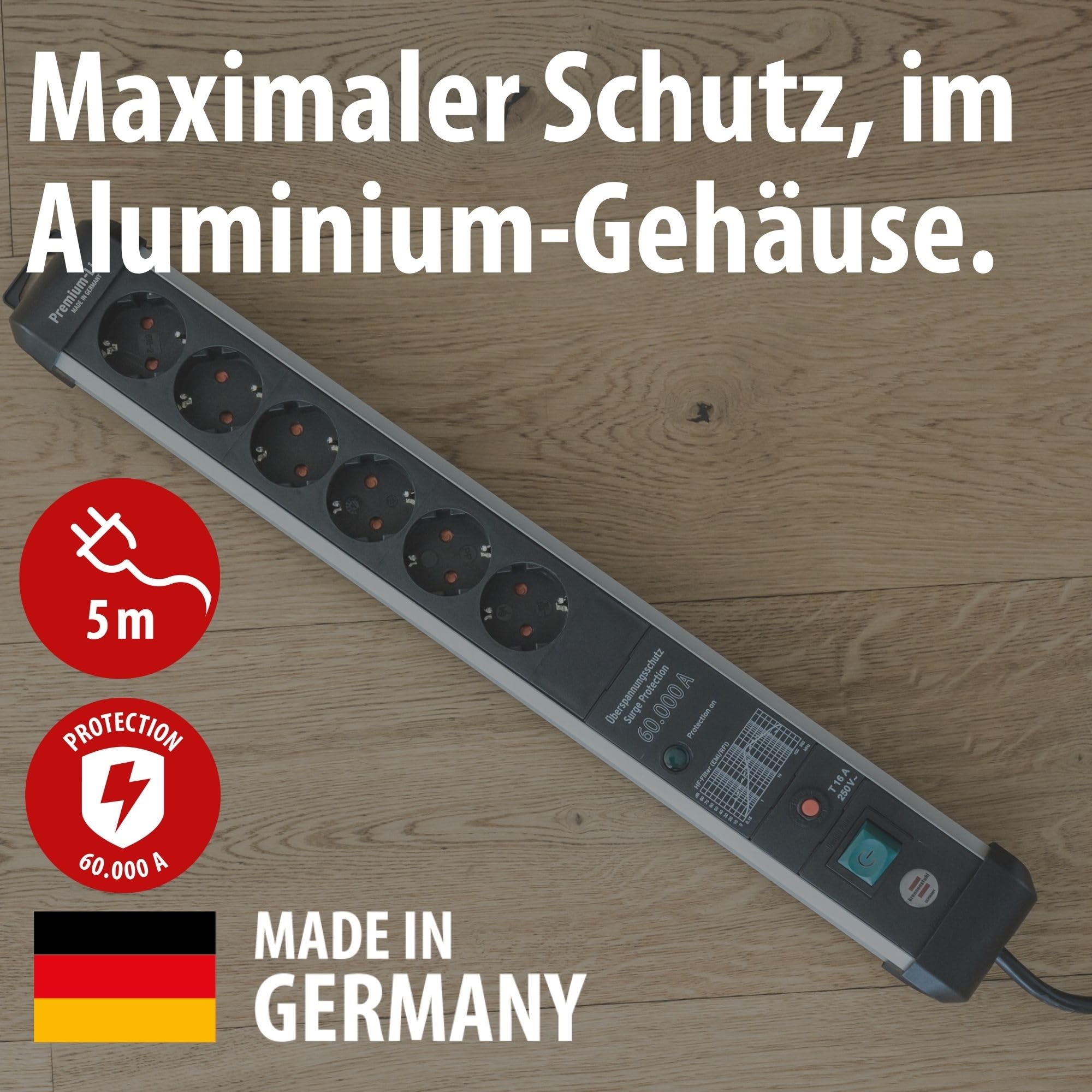Brennenstuhl Premium-Protect-Line Steckdosenleiste 6-Fach, 5m | Mit Überspannungsschutz 60.000 A, Mehrfachsteckdose mit Schalter, Made in Germany, silber/schwarz