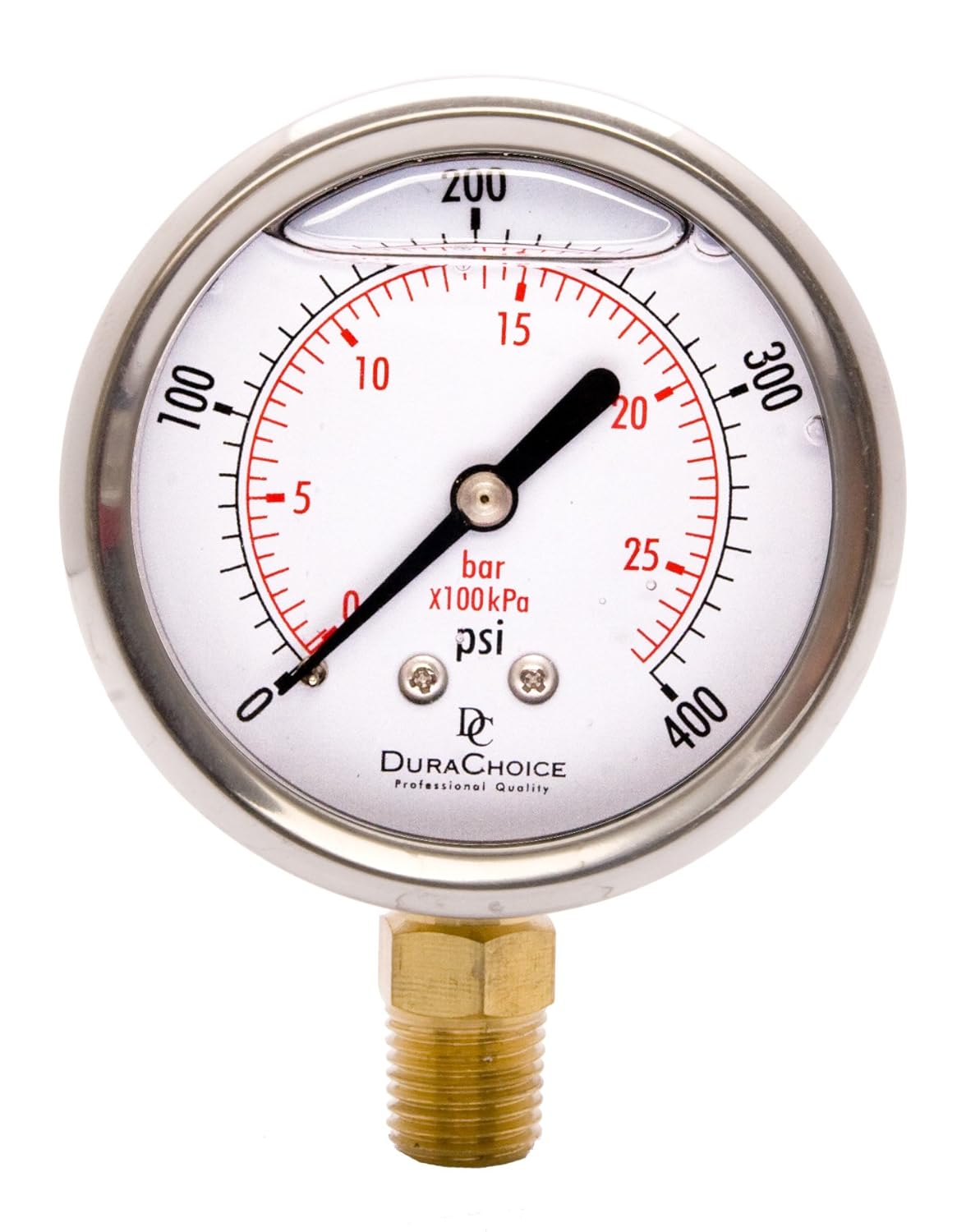 2-1/2" Oil Filled Pressure Gauge - Stainless Steel Case, Brass, 1/4" NPT, Lower Mount Connection, 0-400PSI