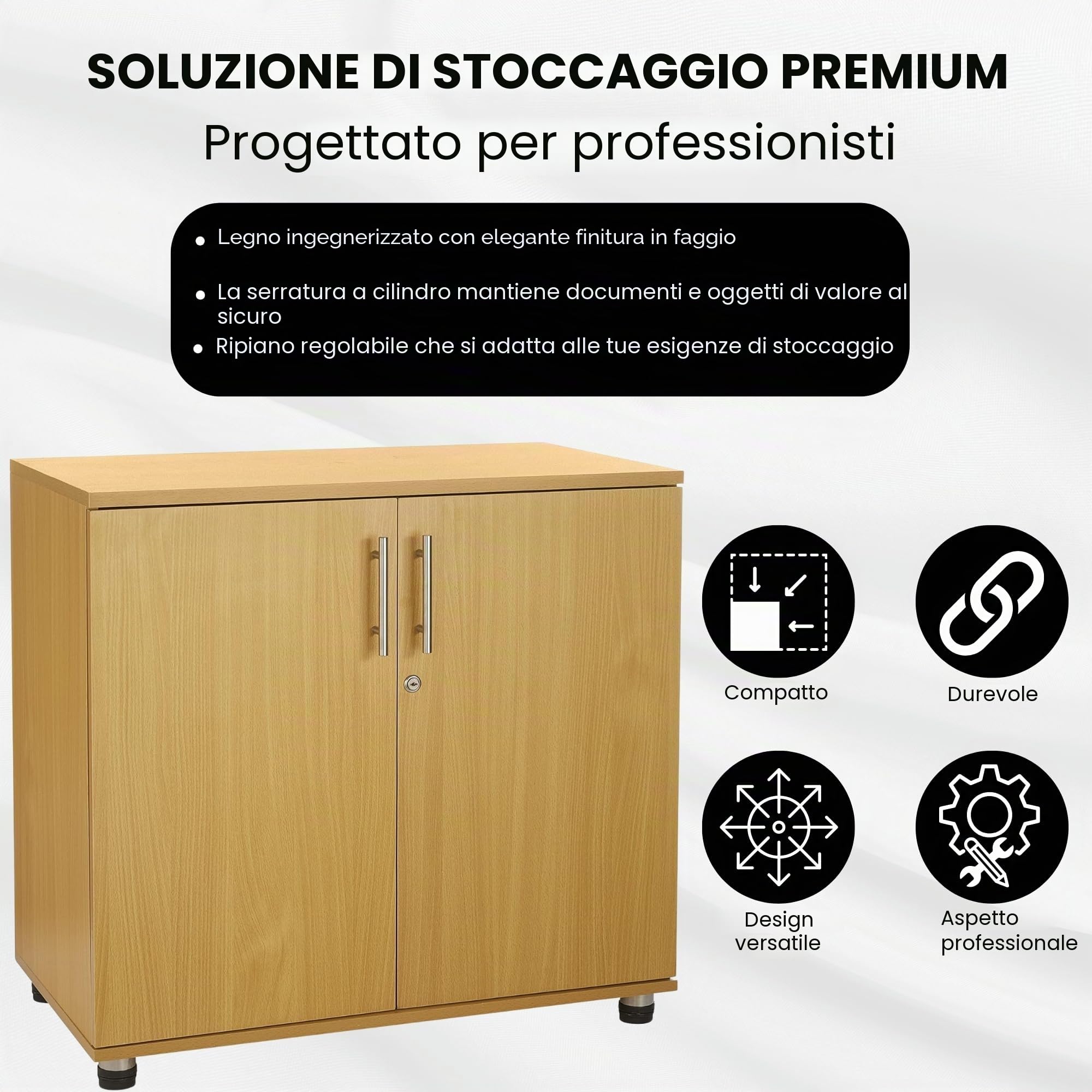 Credenza da ufficio in faggio, altezza scrivania, libreria a 2 ante con serratura, altezza 75 cm, estensione per scrivania