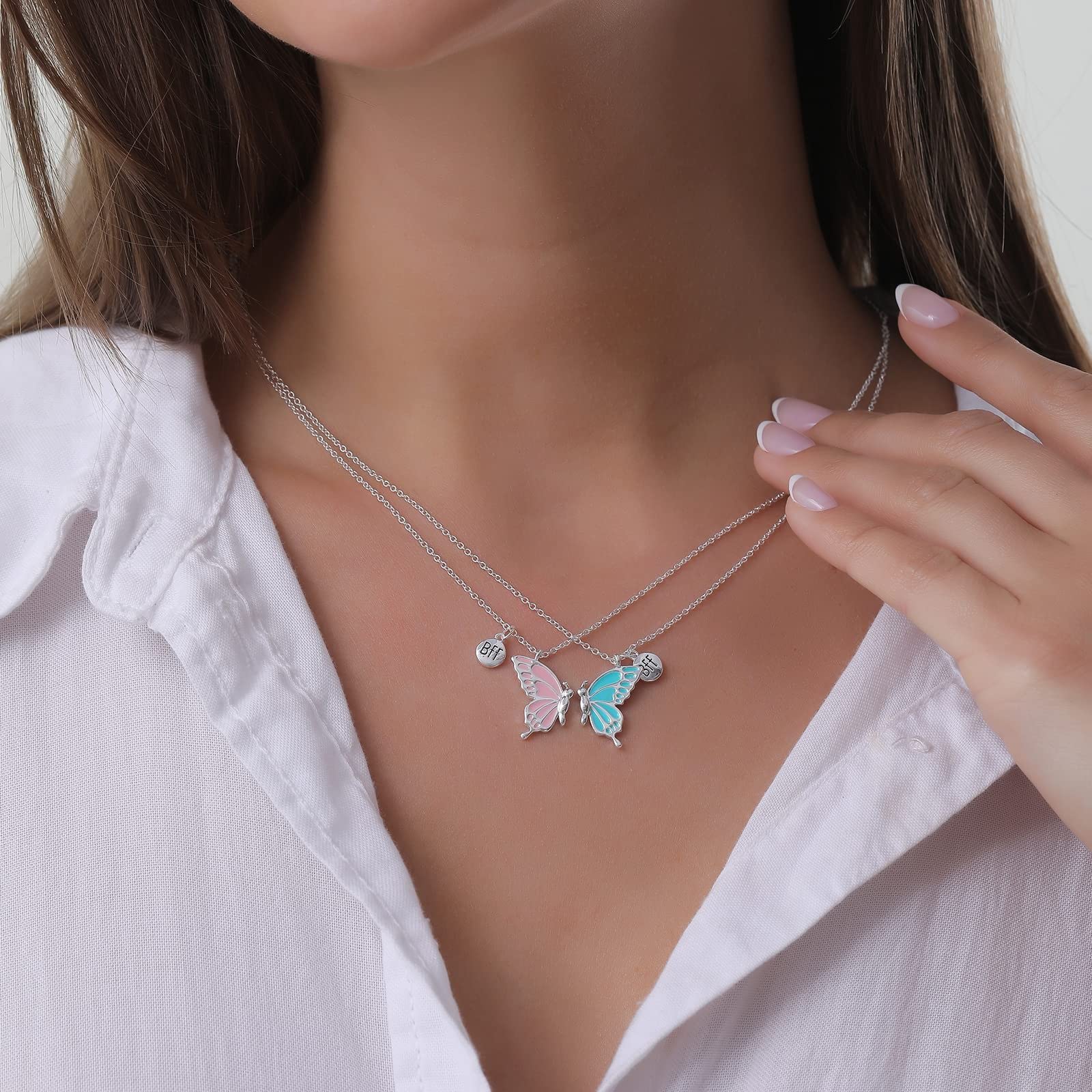 2 Collane Amicizia A Farfalla Con Ciondolo Cuore Diamantato Rosa E Blu, Regalo Per Migliore Amica O Fidanzata