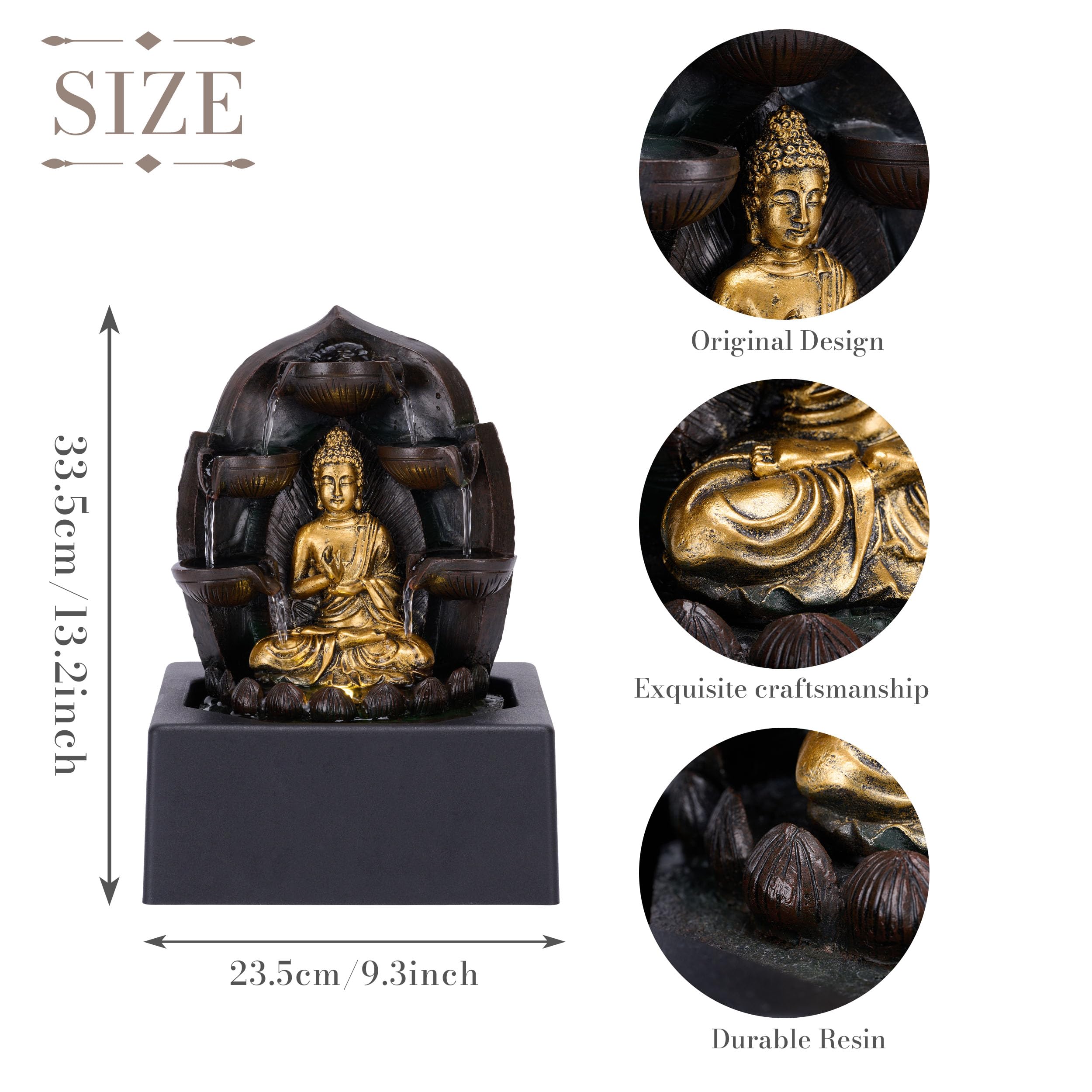 TERESA'S COLLECTIONS Fontaine à eau de table avec cascade pour décoration d'intérieur, statue de Bouddha dorée avec lumière LED et pompe pour salon, décoration d'intérieur zen portable, cadeau idéal