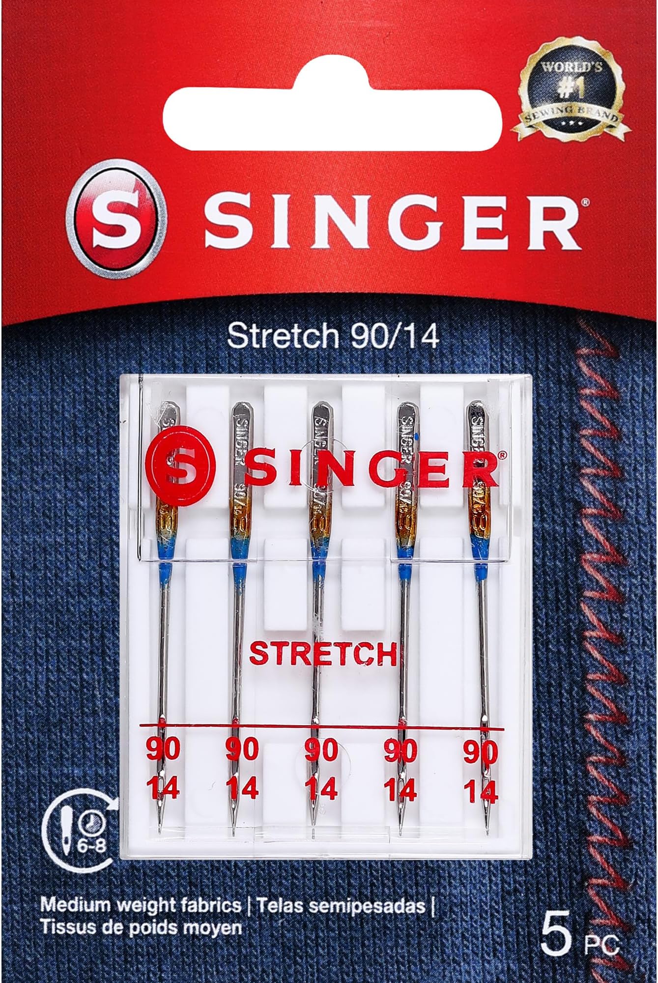 SINGER 04721 Size 90/14 Stretch Sewing Machine Needles, 5-Count, White