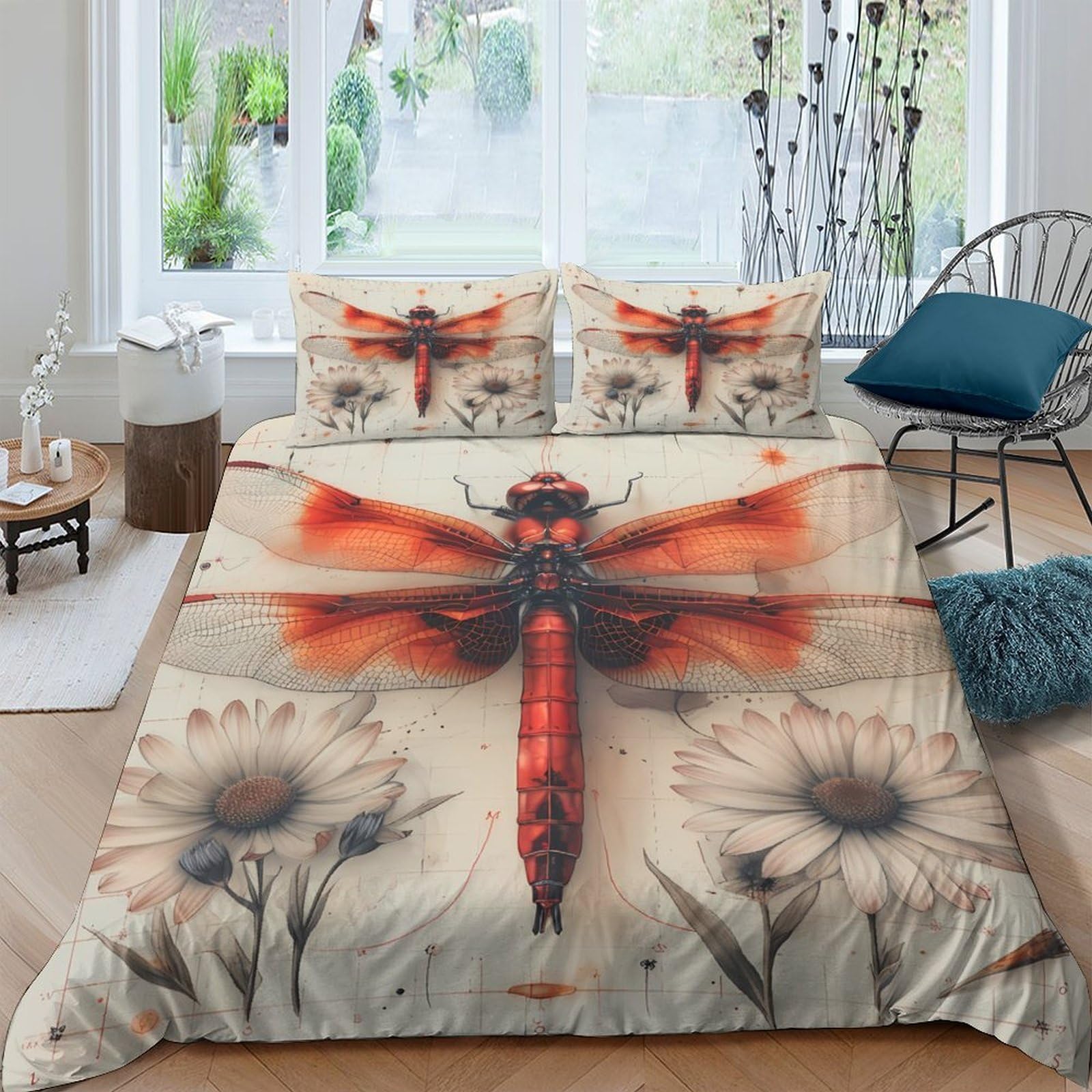 Ctjqhvkz Style-3 3D Printed Red Dragonfly Fitted Sheet Microfiber Floral Art Bed Cover For Bedroom Dorm Mattress Protection Decor Single（135X200cm）