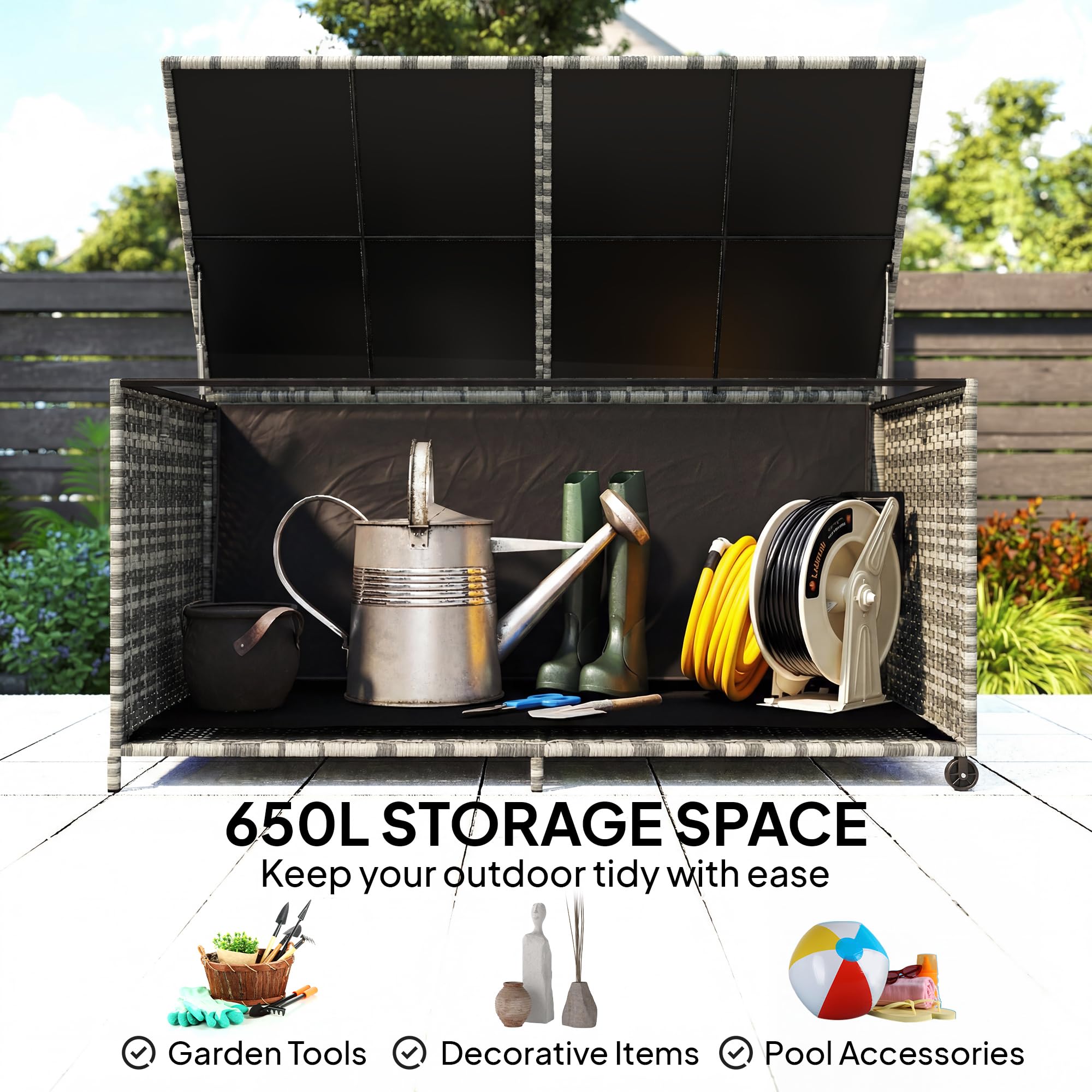 Outsunny 650L Extra Large Garden Storage Box with 2 Wheels, Rattan Deck Box with Waterproof Zipped Liner, Safe Pneumatic Rods, Patio Rattan Storage Container for Backyard Gardening Tools, Mixed Grey — view 3
