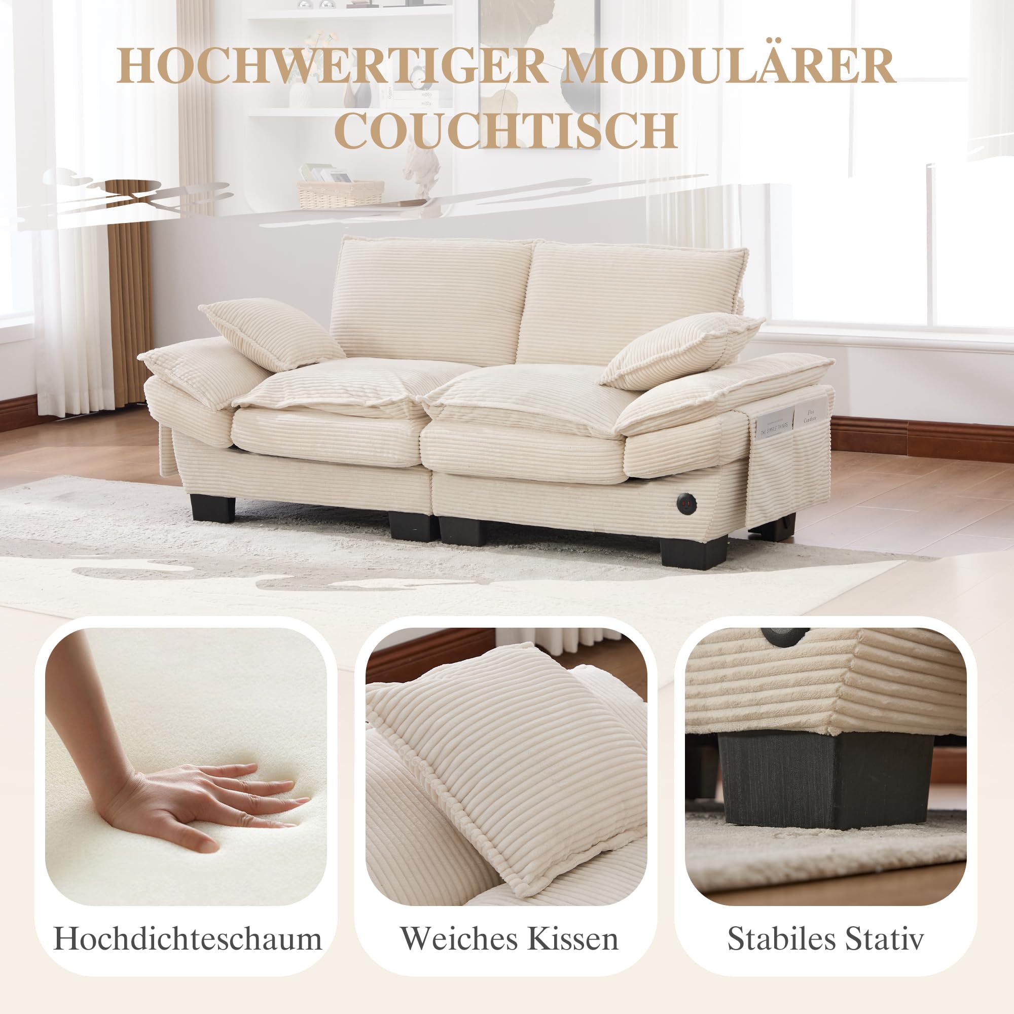 Modułowa sofa 2-osobowa, ergonomiczna szerokość siedziska z przyłączem C, sofa do salonu z bocznymi kieszeniami, do salonu, Corduroy, beżowa