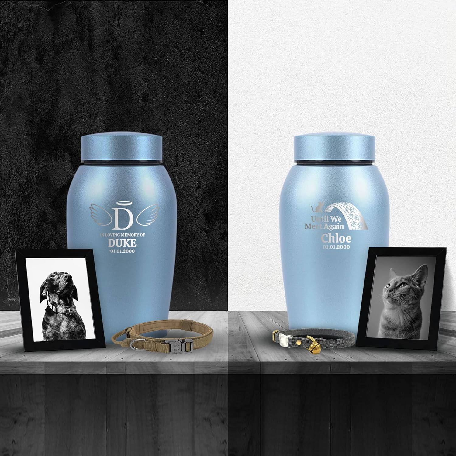 Personalized Custom Dog Urn Engraved Dog Name and Date - Stainless Steel Cremation urns for Dogs Ashes with Airtight Closure, Paw Heart and Halo | Powder Blue