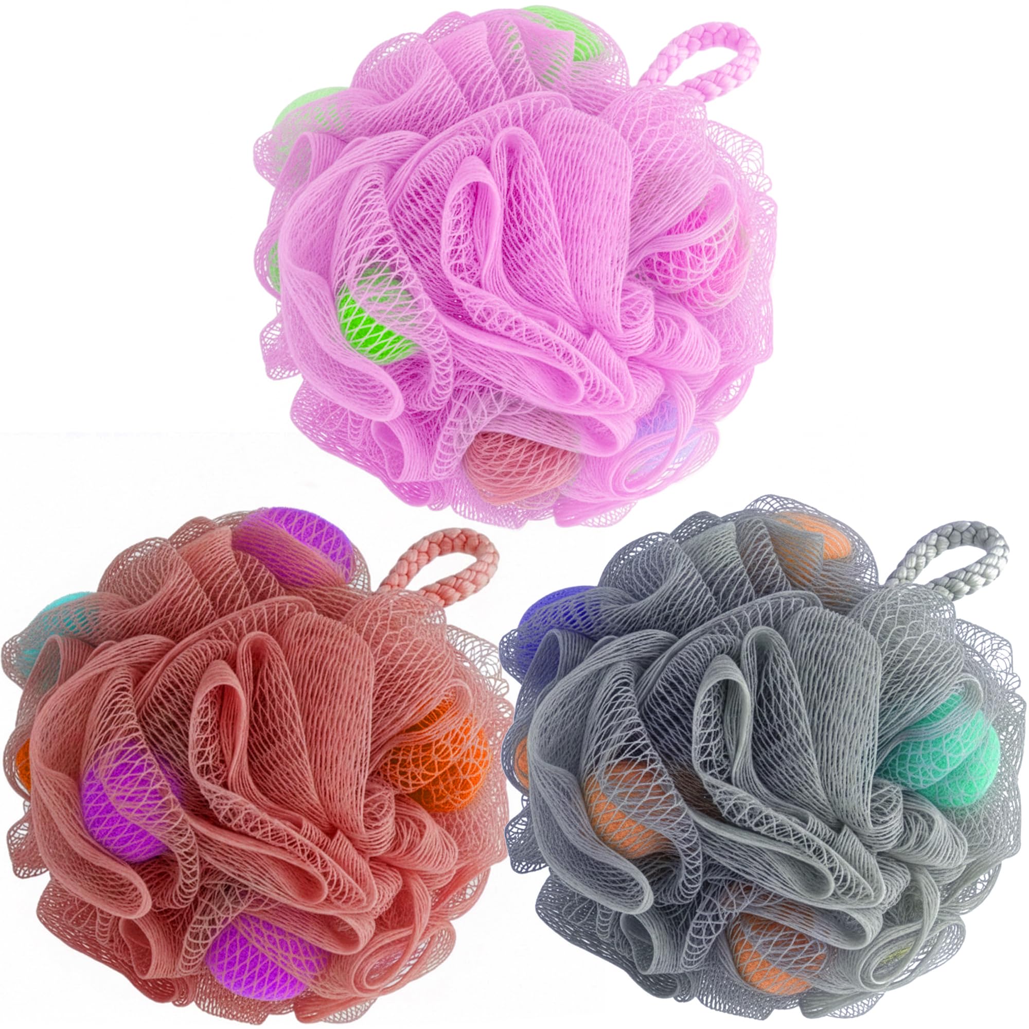 DecorRack 3 Loofah Sponges, Exfoliating Mesh Body Scrubber, Coral (3 Pack)