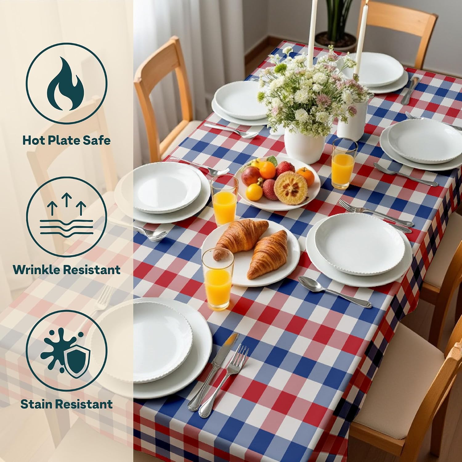 Winslow & Brody Red White and Blue Plaid Tablecloth | Checkered Linen Fourth of July Table Decorations | Gingham Summer Home Party Dining Room Décor | Made in America - 120 Inch Round Tablecloth