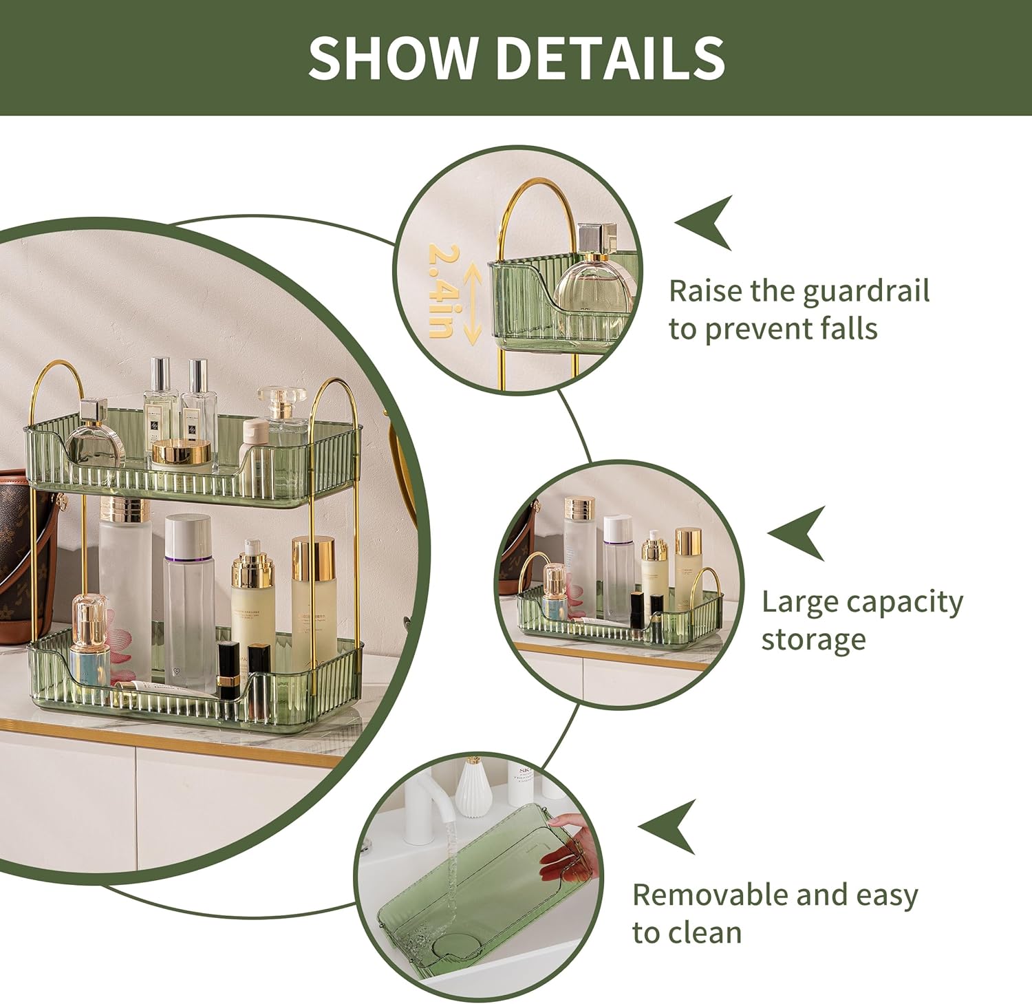 CESTATIVO Bathroom Organizer Countertop, Vanity Trays for Bathroom, Skincare Makeup Shelf, Organizer, Counter Shelf Cosmetics, Toiletries, Lotions, Perfumes (2 Tiers, Green)