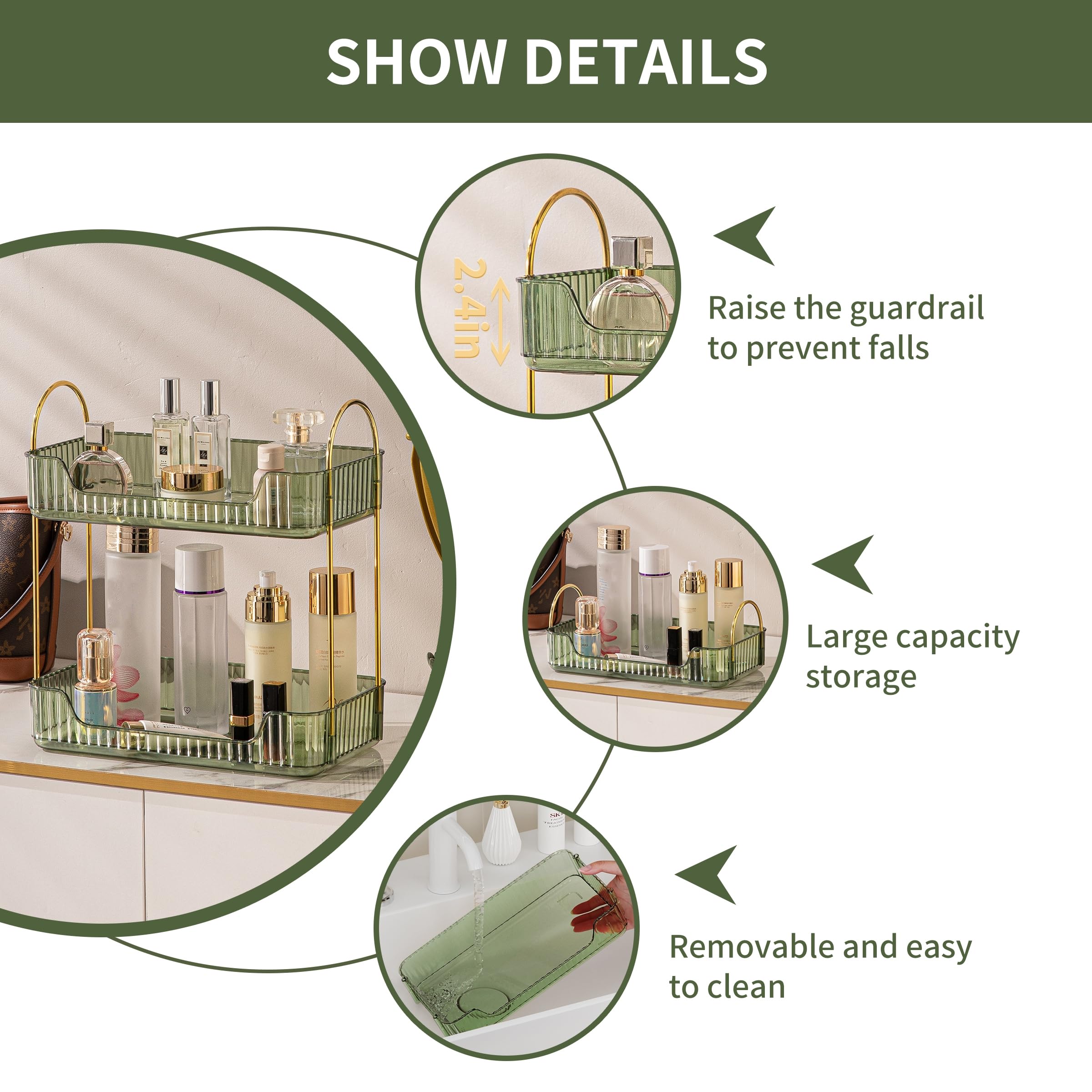 Organizzatore di Trucco, Organizzatore di Cosmetici ad Grande Capacità, Organizzatore di Profumi, Organizzatore Della Cura Della Pelle per Bagno (2 Strati, Verde)