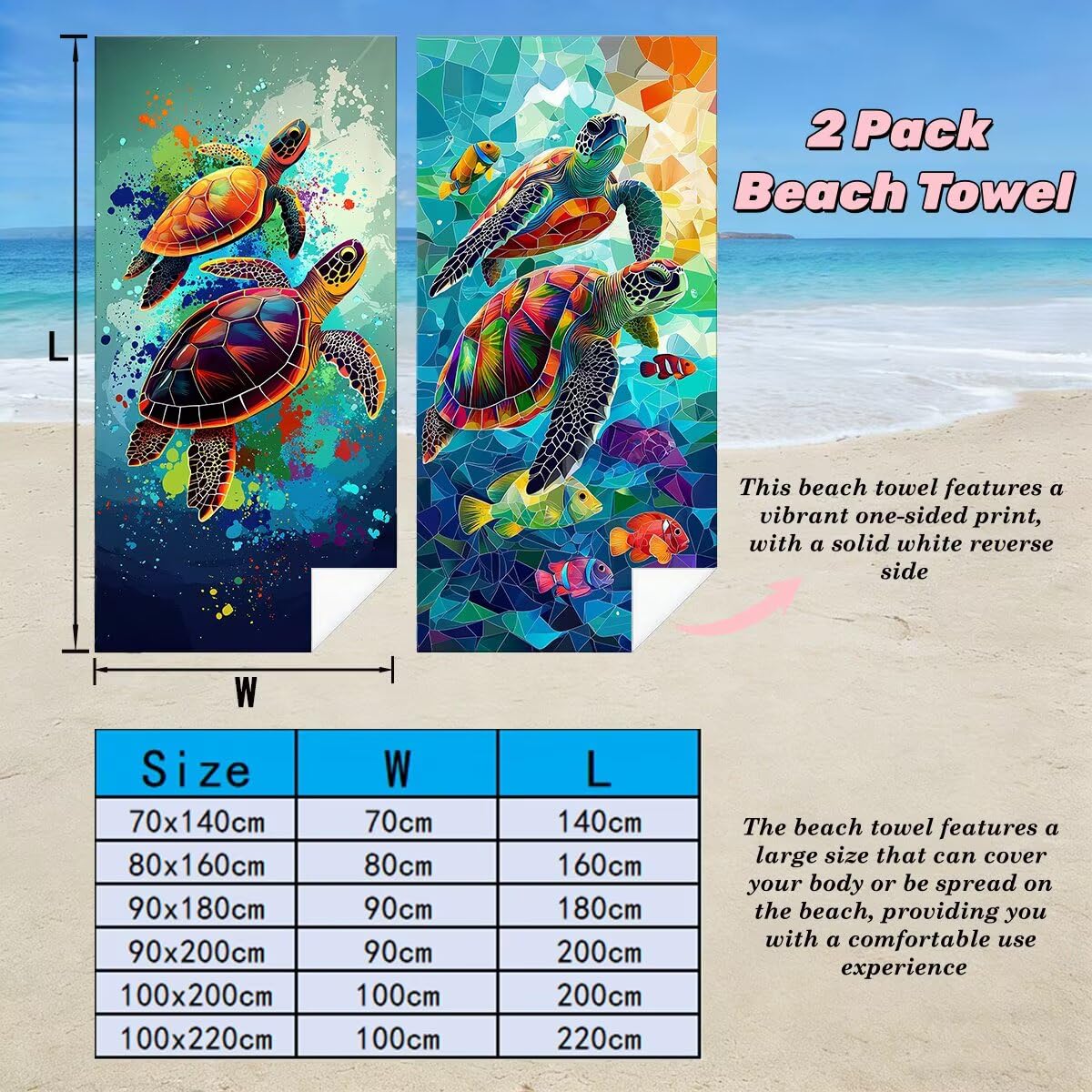 Juego de 2 Toalla Playa Grande 100x200 cm, Secado Rapido Toalla Microfibra Gimnasio, Antiarena Toallas de Playa Tortuga Marina, Grande Ligera Compacta Toallas Microfibra Mujer Hombre para Viaje -4376