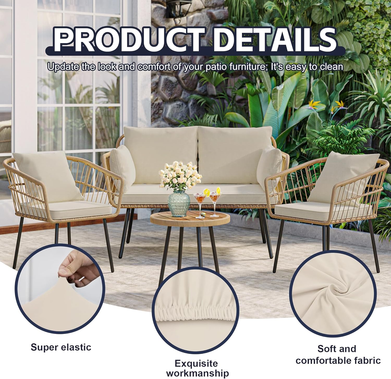 12Pcs Patio Cushion Covers,Outdoor Cushions Covers,Stretch Cushion Covers Replacement, Washable and Reusable Furniture Protectors(Beige)