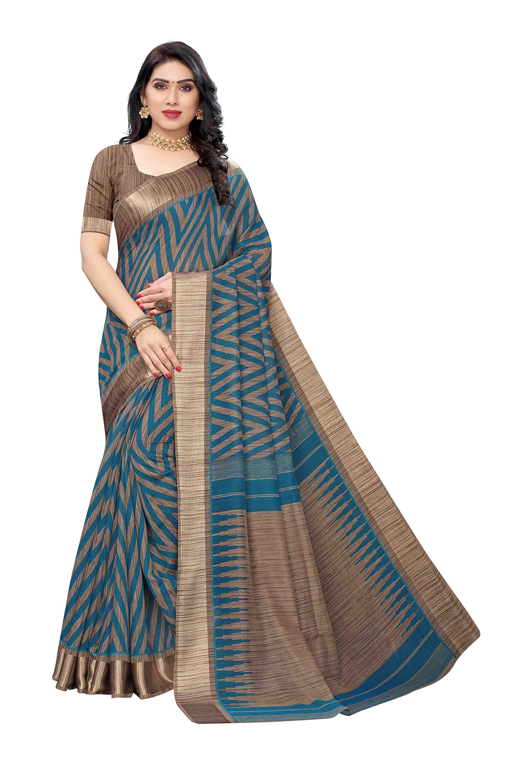 Winza DesignerWomen's Linen Cotton Striped Saree With Blouse Piece (BEE), Rama, Free