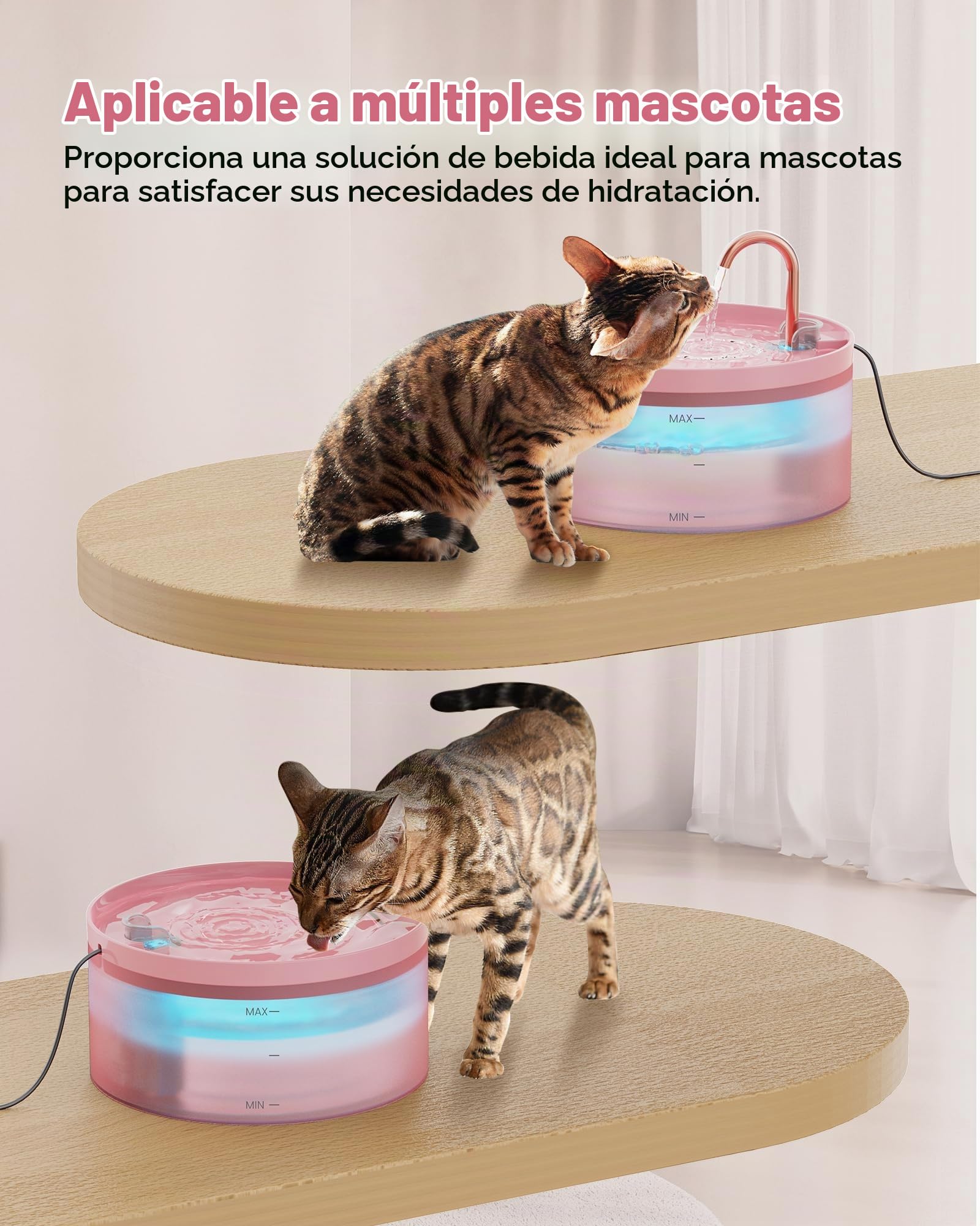 Fuente de agua rosa para gatos: con 6 filtros de carbono + 3 filtros de esponja, fuente de agua para mascotas BEMOONY de 3,2 l, fuentes de agua silenciosa para interiores, fuente de agua para gatos y | BEMOONY Fuente de agua para mascotas de 3,2 l, fuente