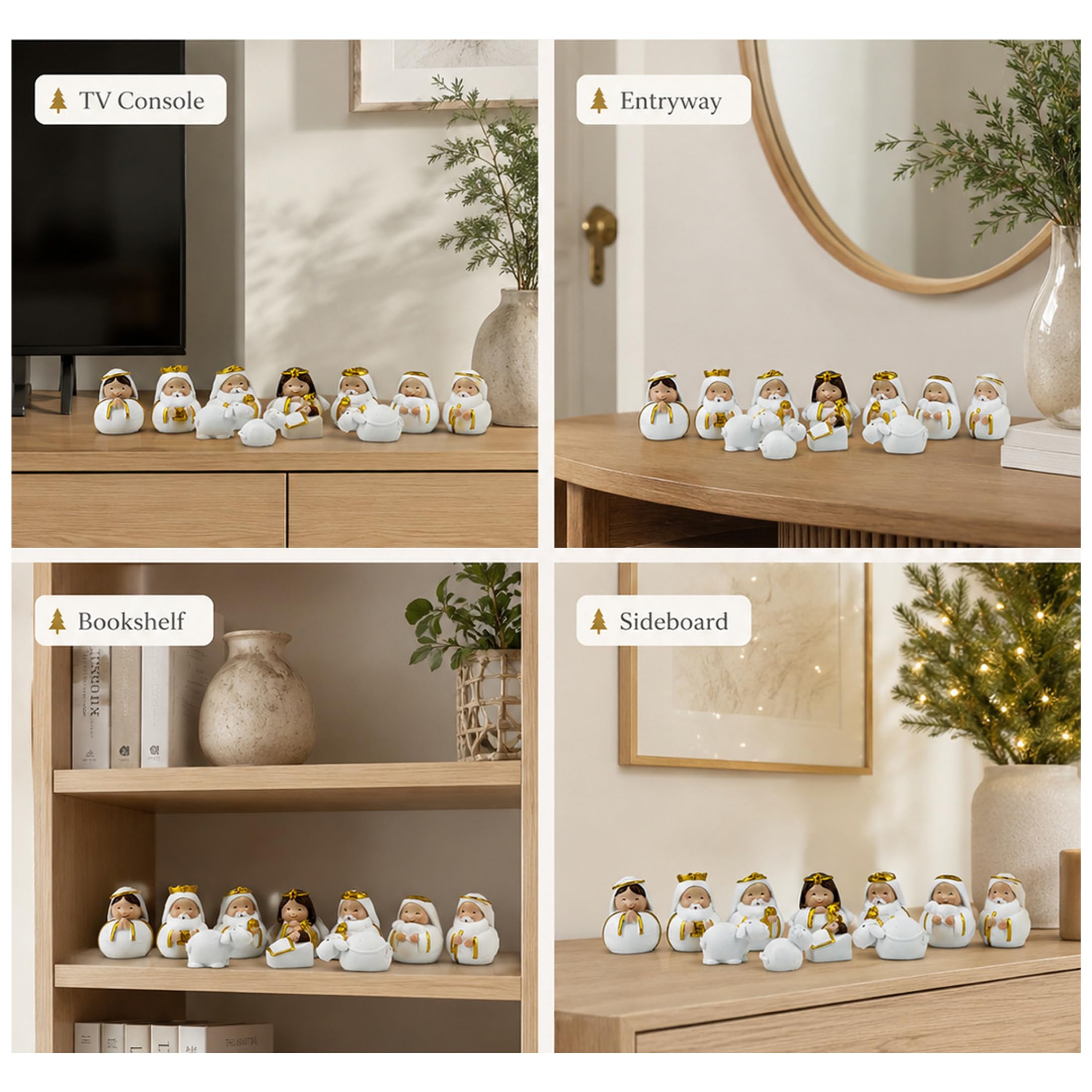 Juego de Figuras y Juegos de Natividad de 11 Piezas, Mini Natividad de Resina Blanca y Dorada