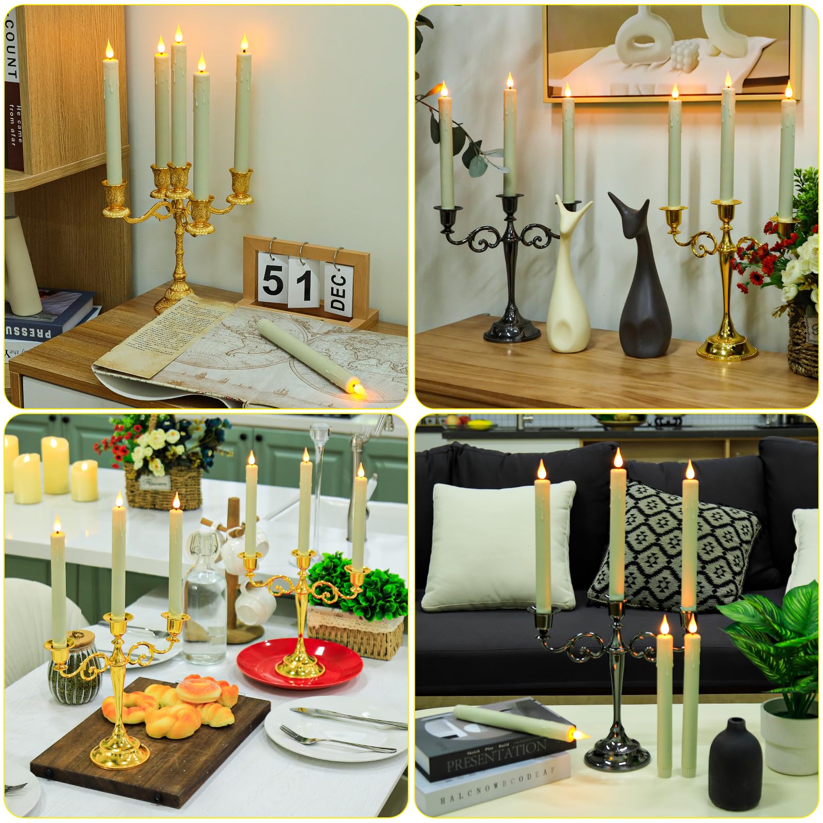 Enido Flameless Ivory Taper Candles Flickering