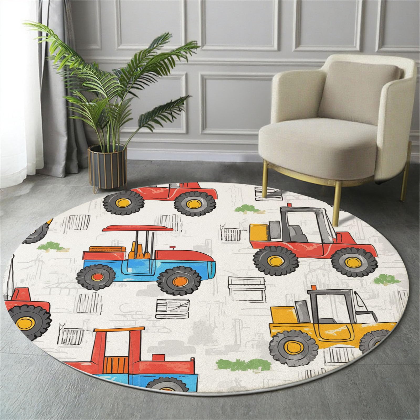 Tappeto Rotondo Giallo Tappeti 100cm Salotto Moderno Lavabile in Antiscivolo cartone animato disegnato a mano Veicoli costruzione carrelli elevatori Carpet Cameretta Scendiletto Pelo Corto