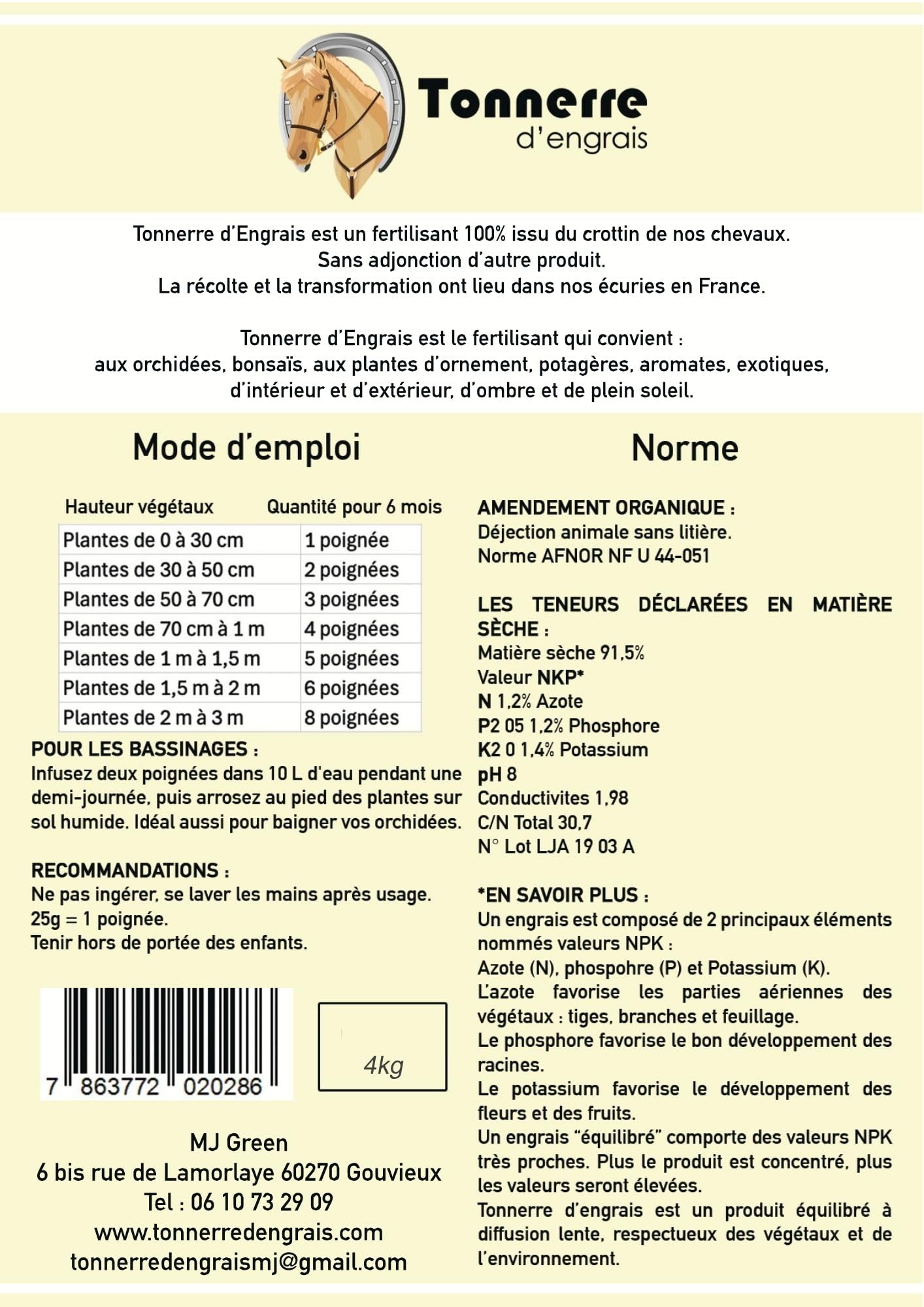 Tonnerre d'Engrais Fertilisant Naturel, 100% crottin de cheval, 4KG Organique pour Potager, plantes intérieur et extérieur