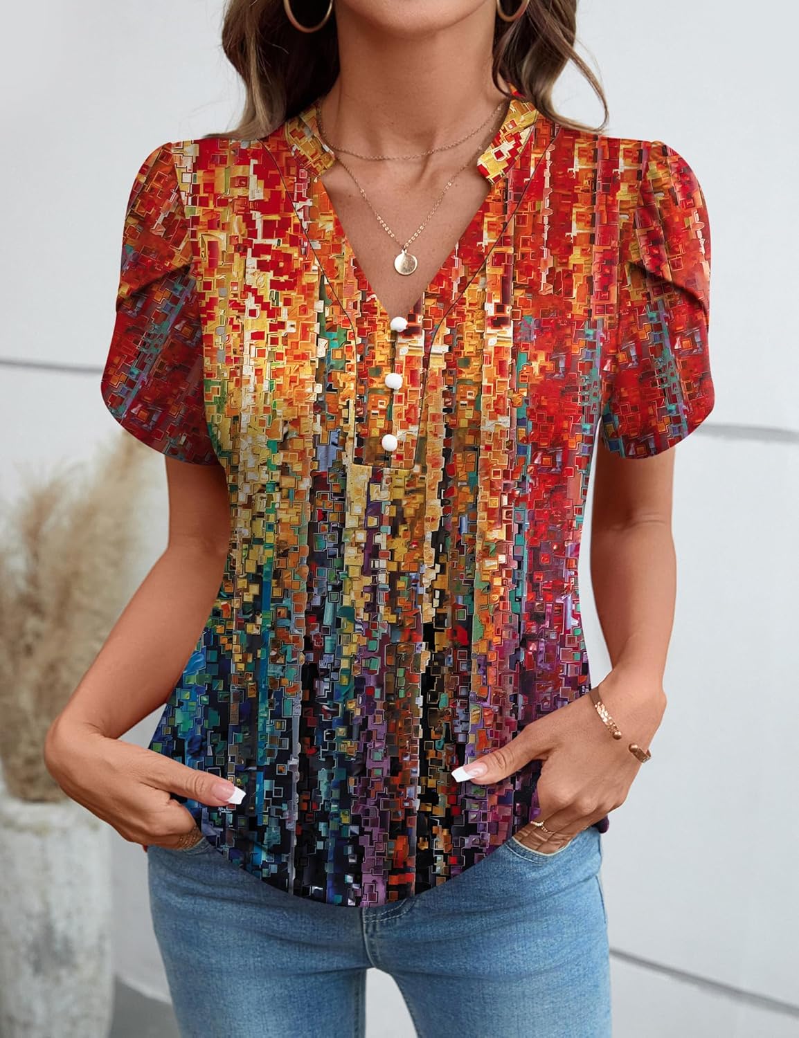 Rapbin Womens Spring Summer Petal Short Sleeve Tops V Neck Tunic Business Work Blouses Fashion 2026 - Image 2