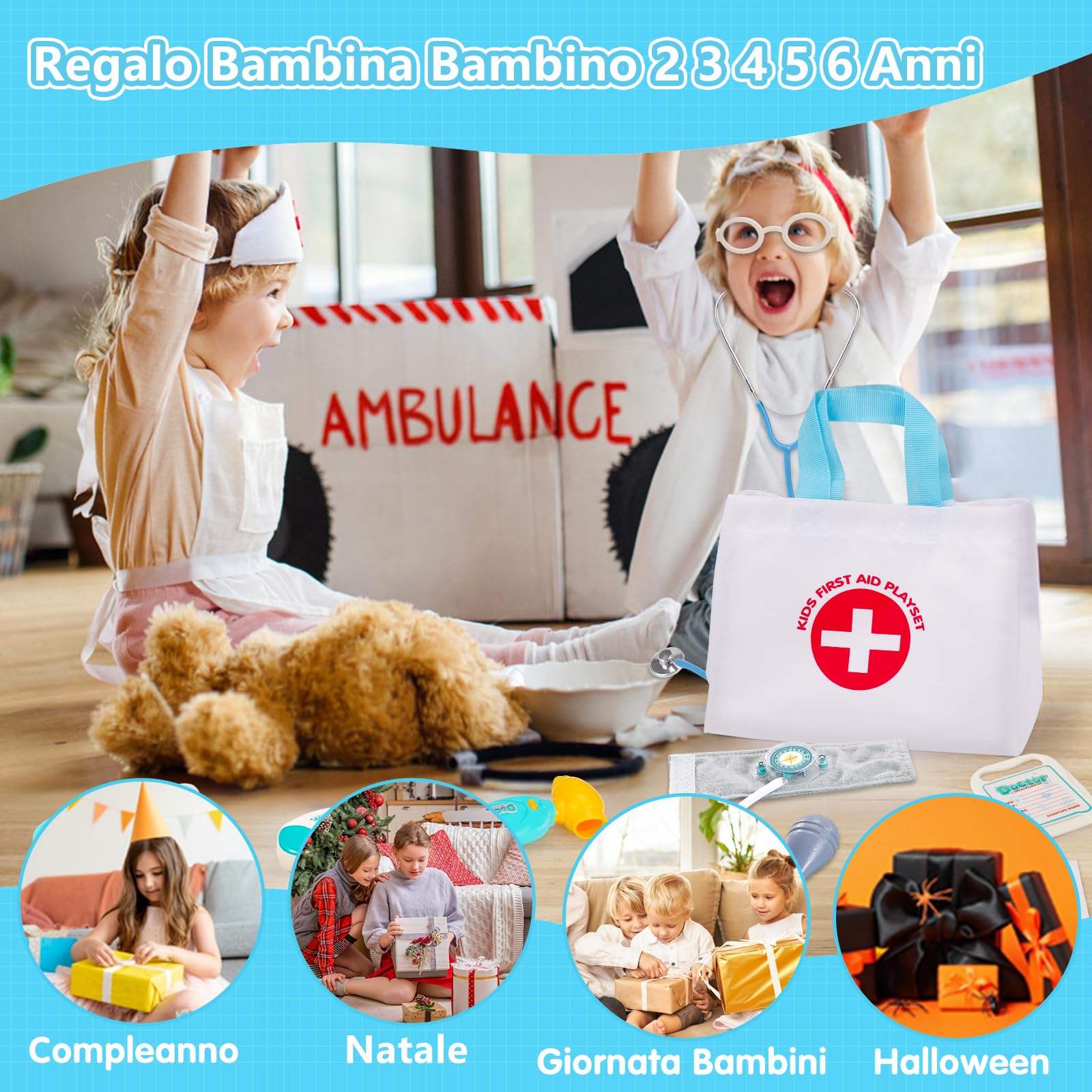 Valigetta medica bambini dai 2 3 4 5 anni in su, con stetoscopio realistico, termometro, giochi di ruolo, giochi di dottorato, kit medico, kit di dottorato, giocattolo a partire dai 3 4 5 anni