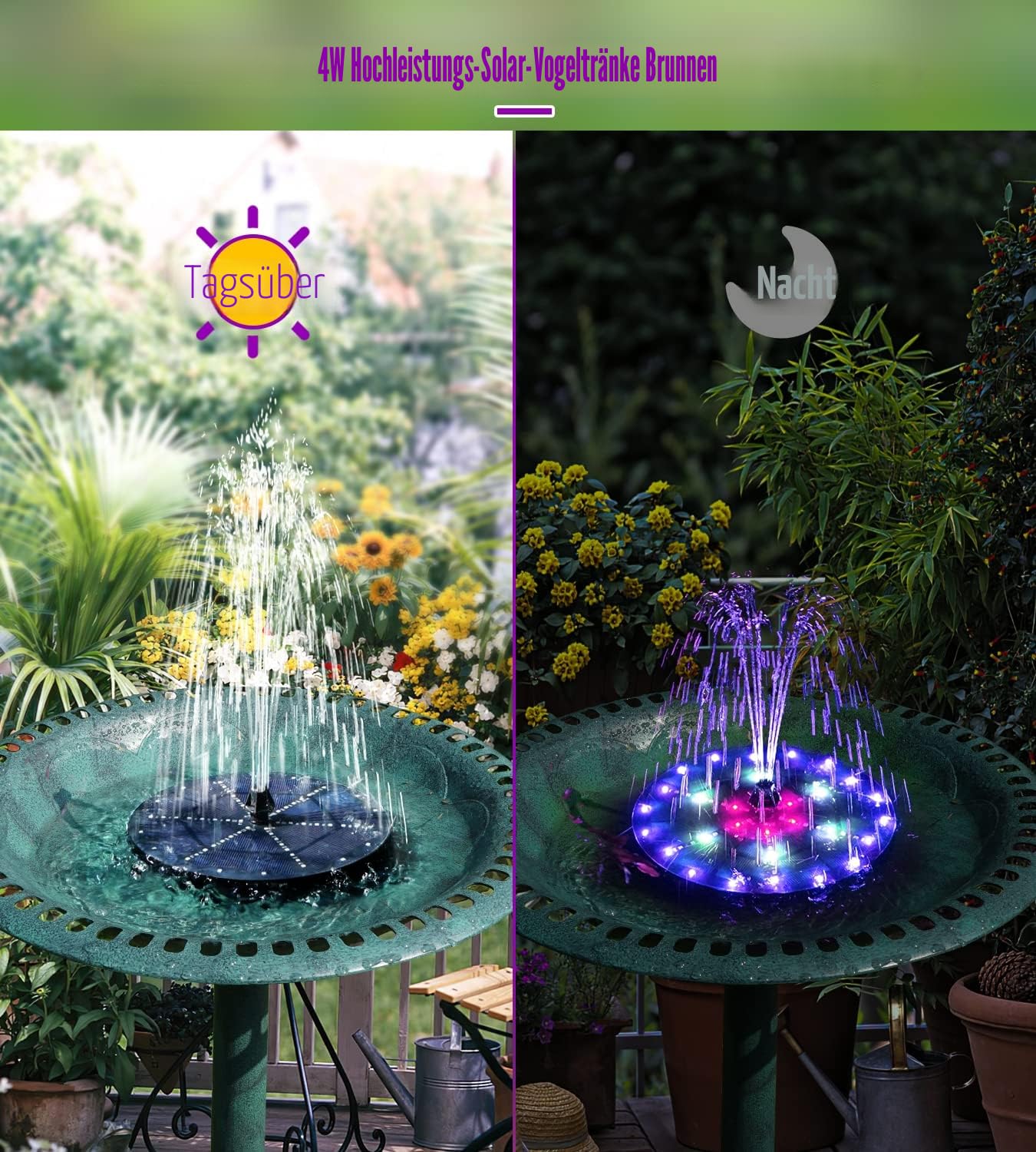 SZMP 4W Solar Springbrunnen für außen mit 4000 mAh Batterie, 60 Bunten LED-Lichtern Solarbrunnen Teichpumpe Solar mit 8 Effekte Solar Wasserpumpe, Solar Schwimmender Fontäne für Draussen, Vogel-Bad