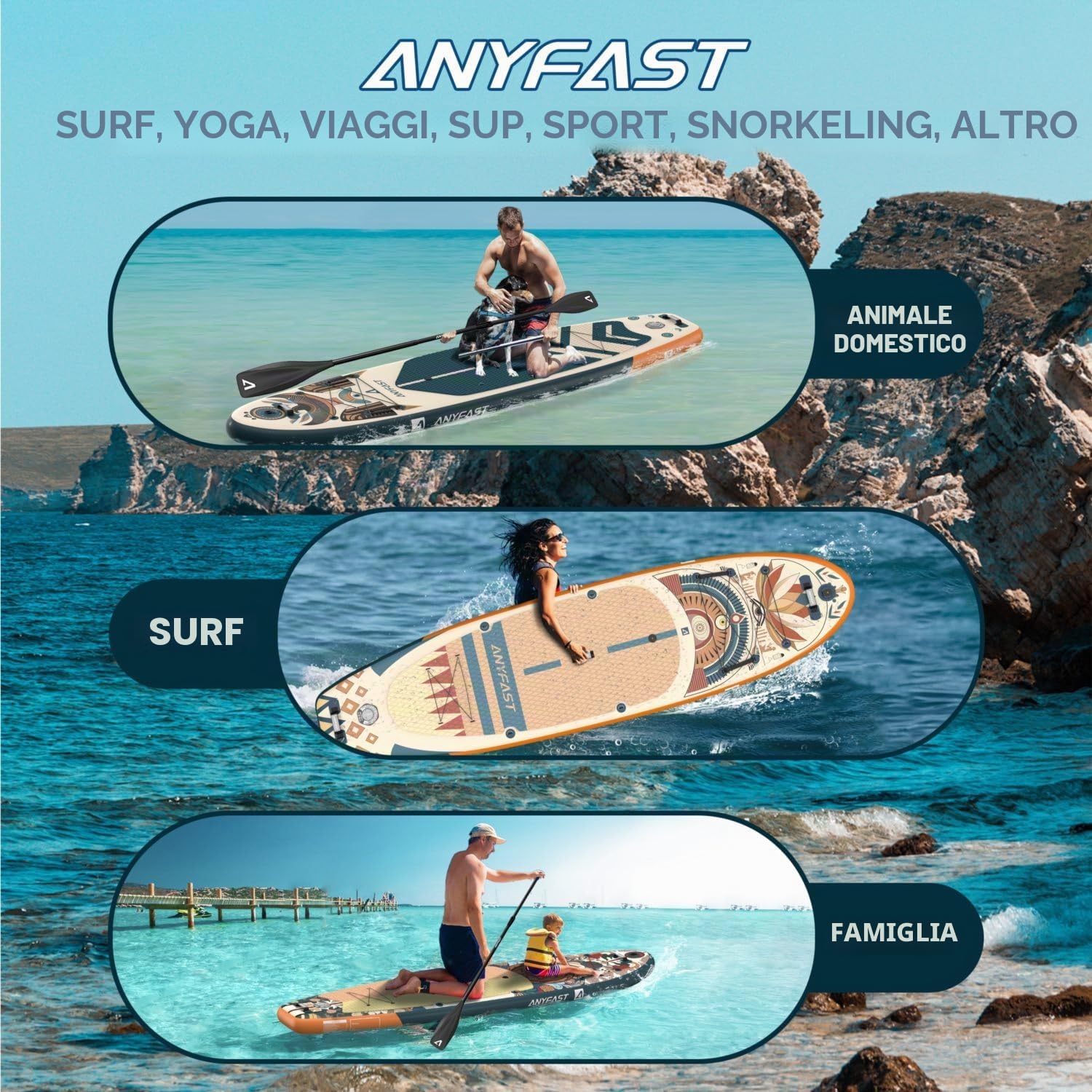 ANYFAST Stand up Paddle-Board-Wide-Gonfiabile-Pesca-Paddleboard - Ultra Stabile Wide SUP, pompa, porta macchina fotografica, guinzaglio, zaino, accessori, giovani/adulti