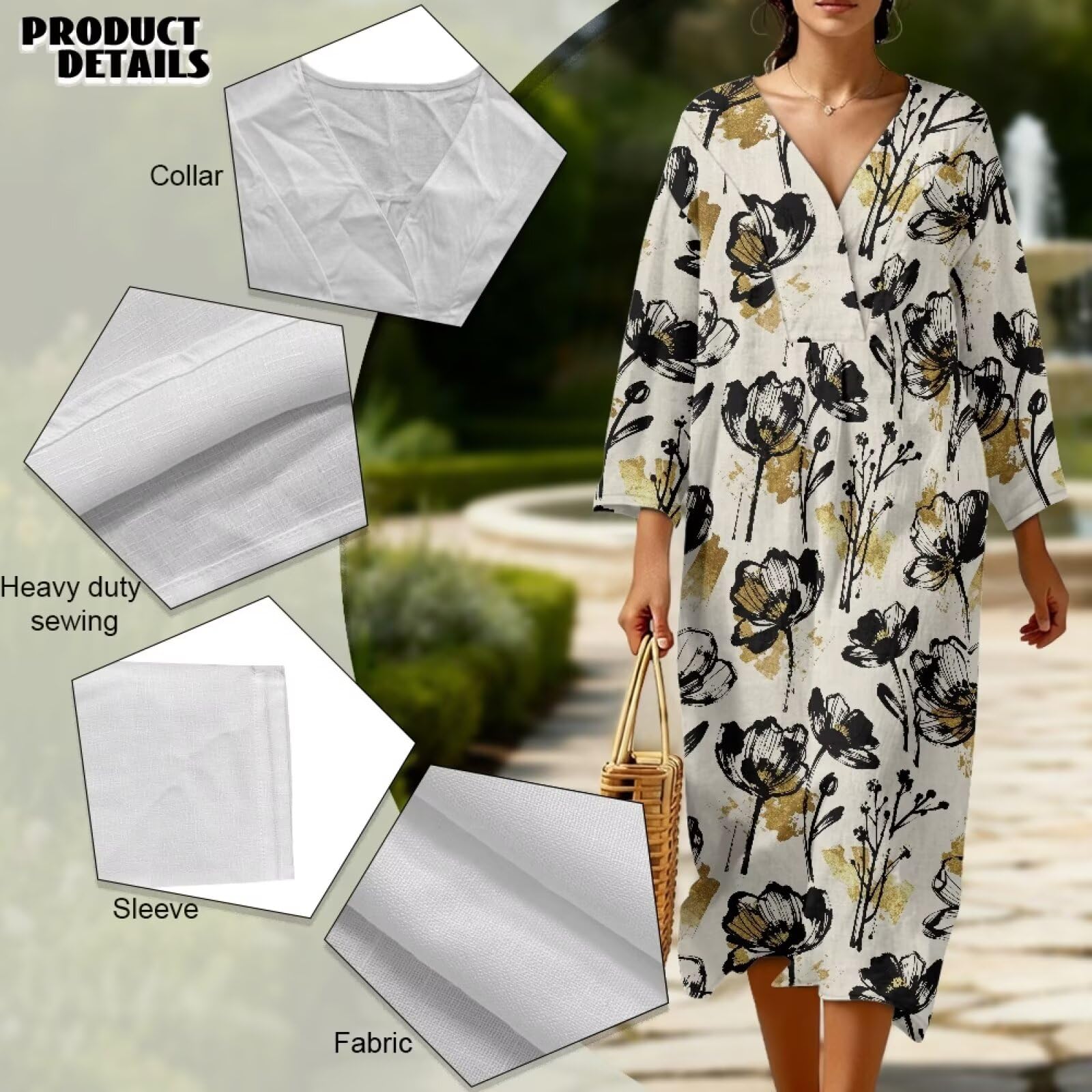 Wanyint Linen-Like - Vestido largo para mujer, manga 3/4, cuello en V, ajuste holgado, casual, para todo el año, tallas S-4XL