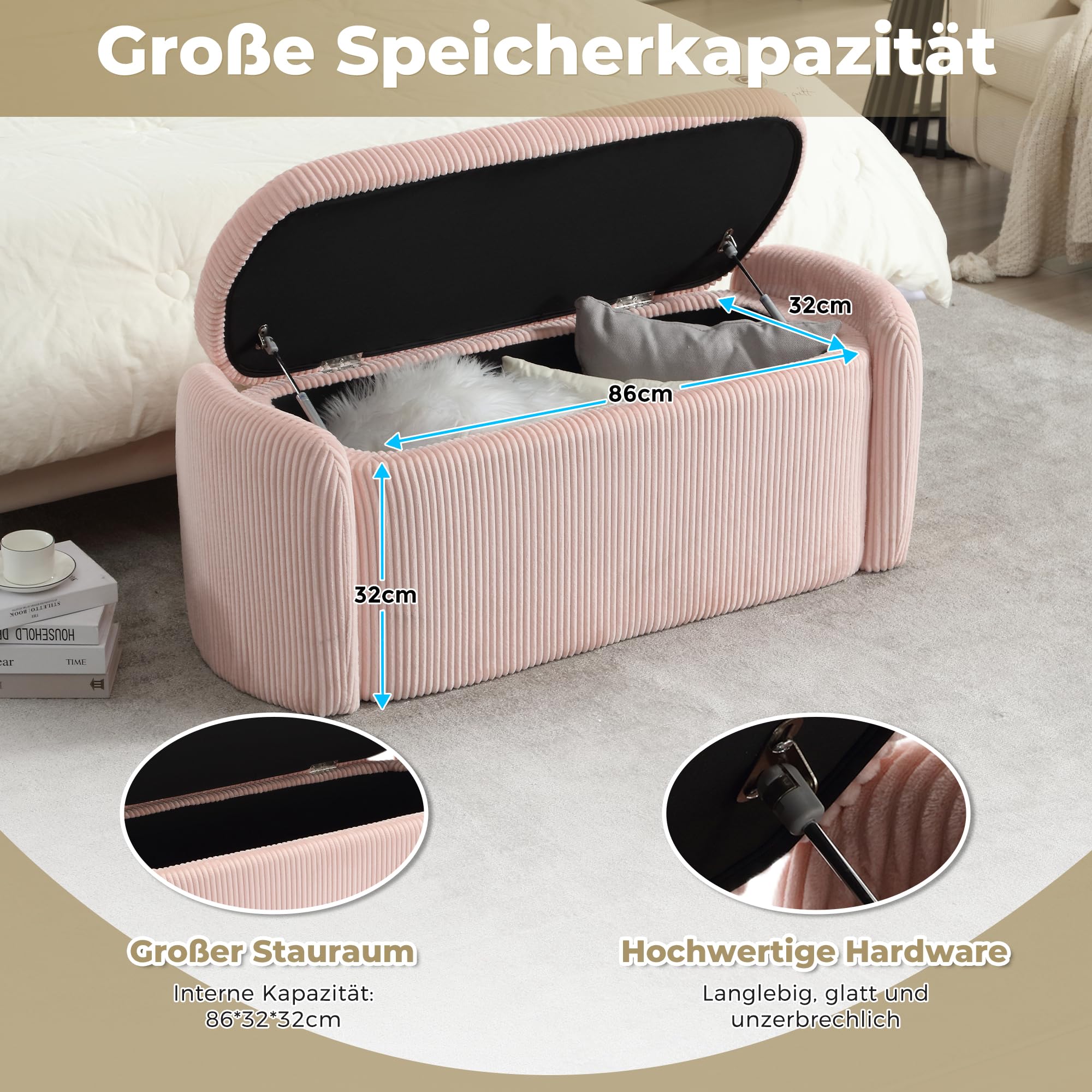 Sgabello Multifunzione In Velluto Rigato | Panca Portaoggetti Per Ingresso E Camera - Foto 3