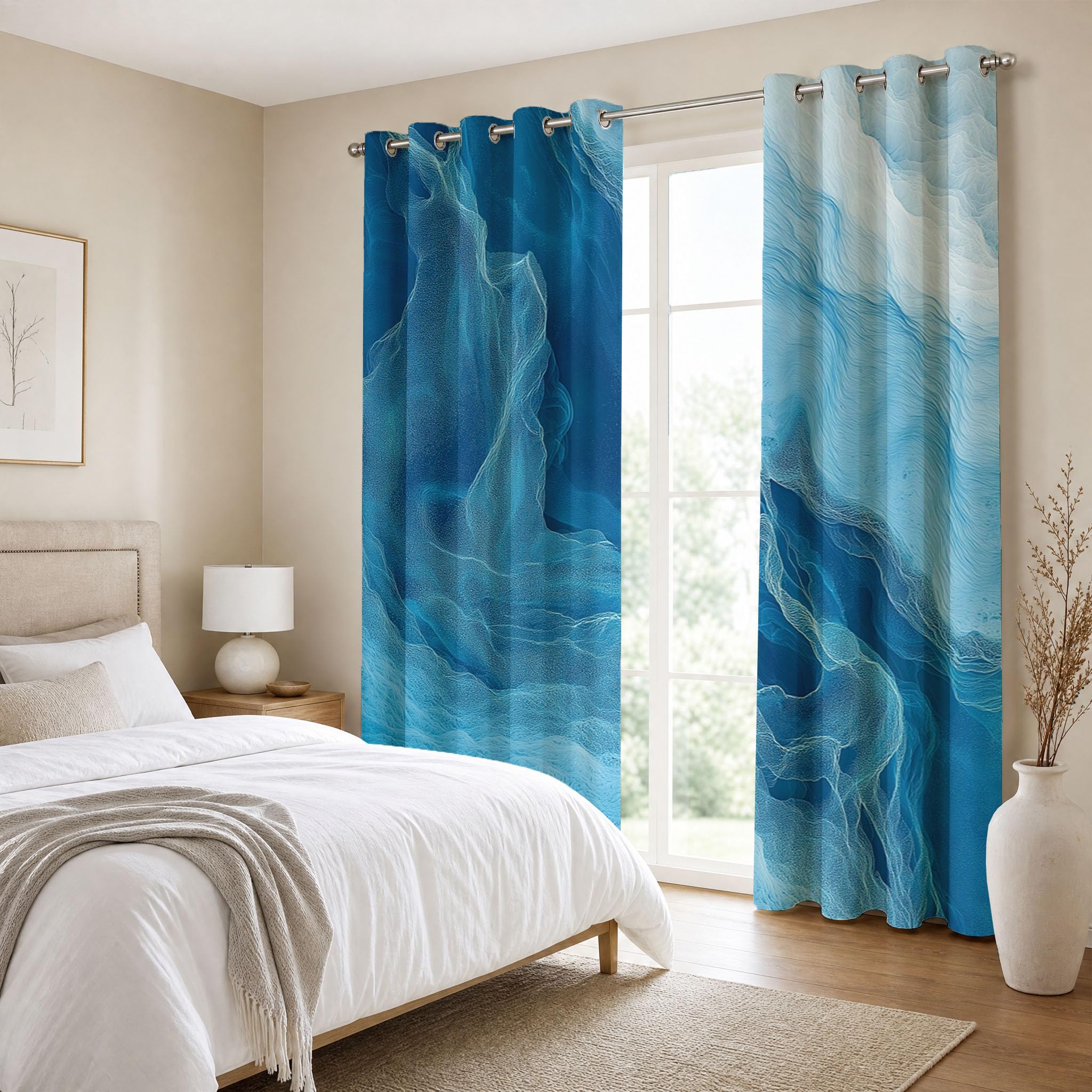 Estilo Tinta Fluida Cortinas Opacas De Ondas Abstractas Salon Dormitorio Decoración De La Ventana, 2 Piezas Cortinas Ollaos Azul Cielo, Aislantes Frio Y Calo 140An X 245Al Cm