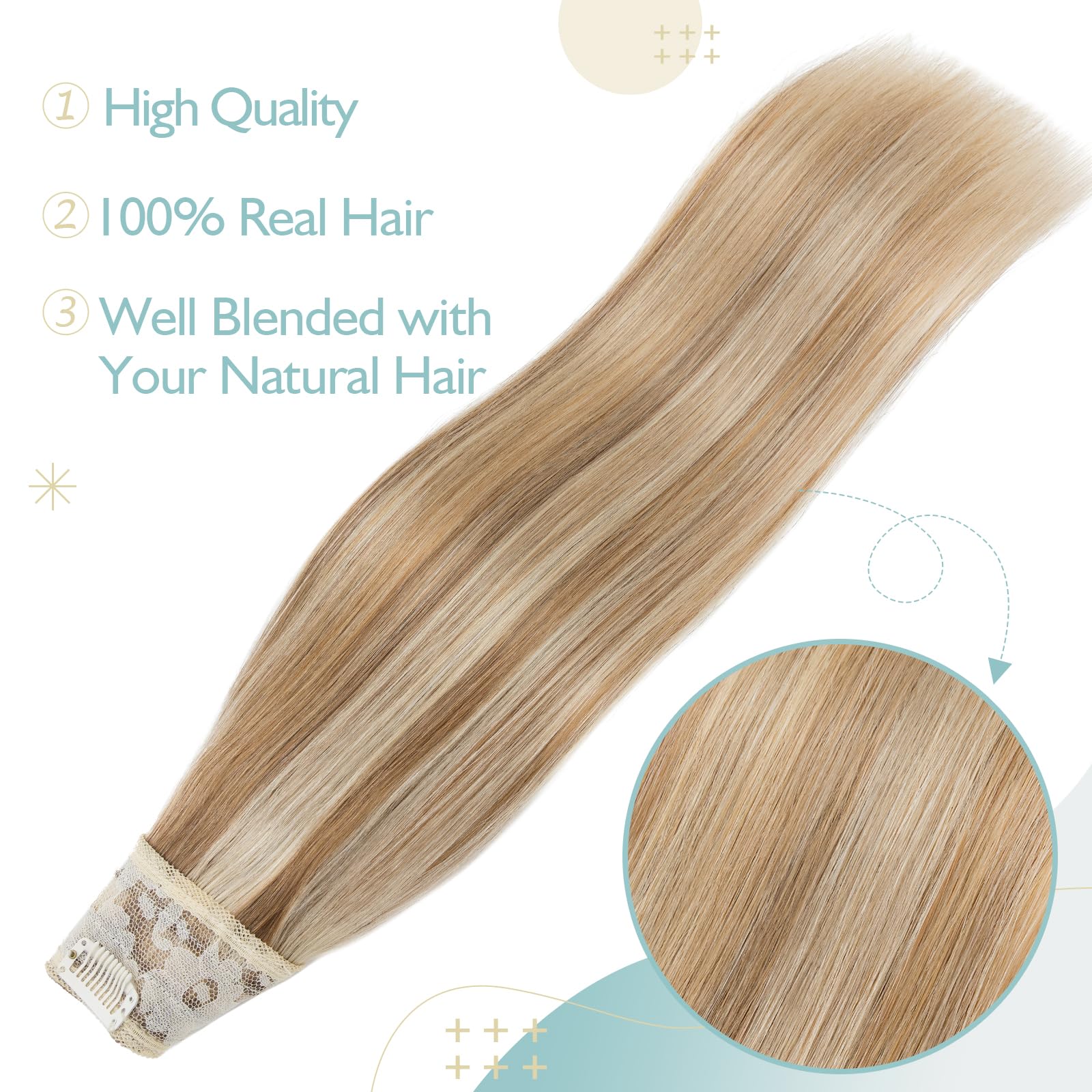 TESS Clip In Hair Extension Remy,Hair Extensions Real Human Hair One Peice U-Shaped Balayage Straight Hairpieces for Women/Ladies/Girls(#12/613 Golden Brown & Bleach Blonde,22Inch) - Image 2