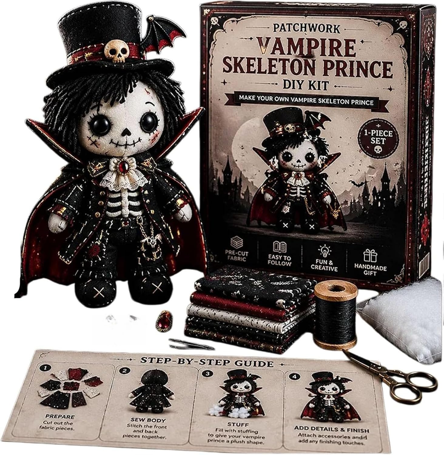 Halloween DIY Patchwork Kit,Day of the Dead Patchwork Doll DIY Kit,Sugar Skull Sewing Craft Kits,Handmade Fall Home Decor,Pre-Cut Plush Doll Making Sewing Set with Stuffing & Thread (H)