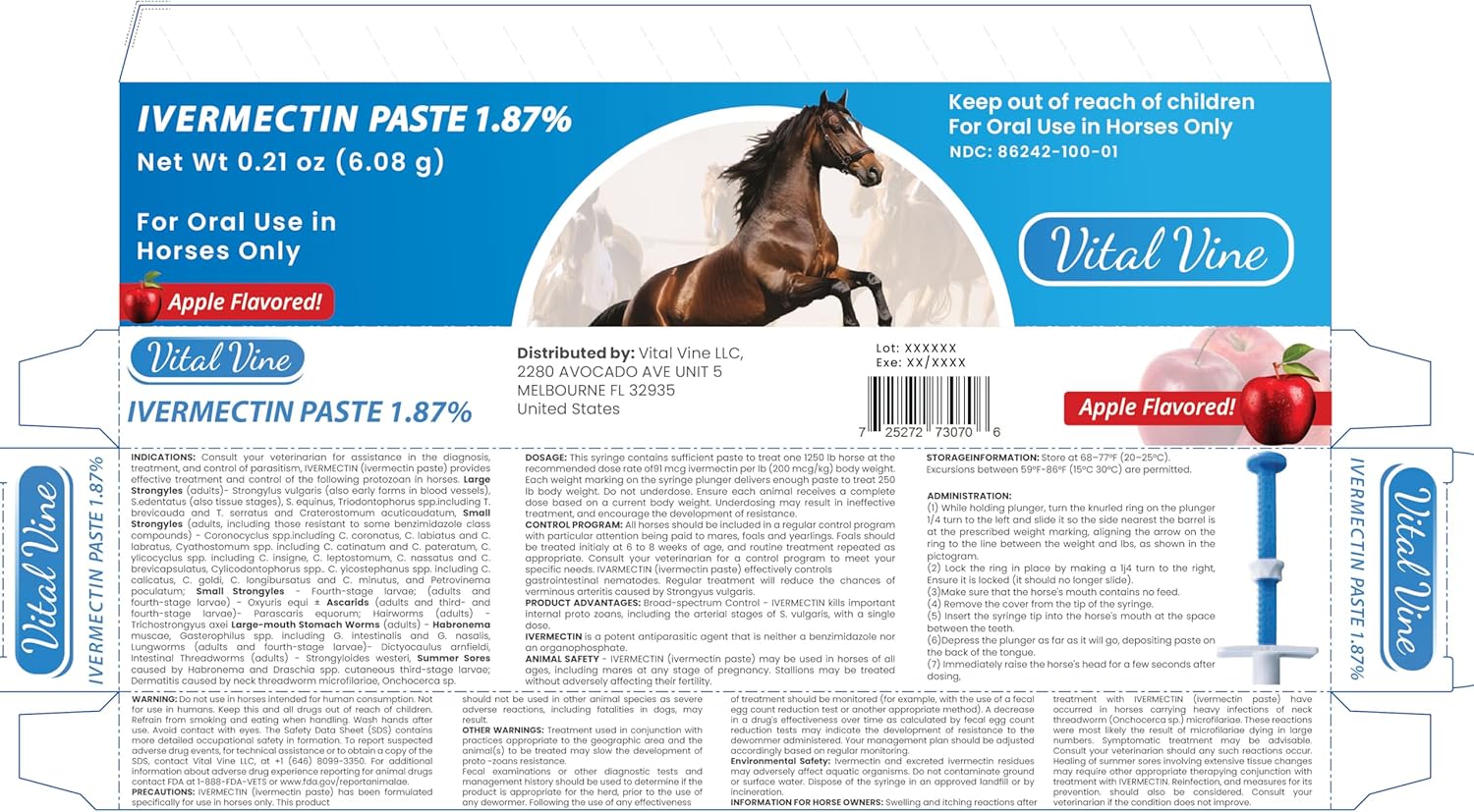 VITALVINE Ivermectin 1.87% Paste for Horses – Apple Flavor 6.08g Syringe, Treats Horses Up to 1250 lbs (3-Pack)